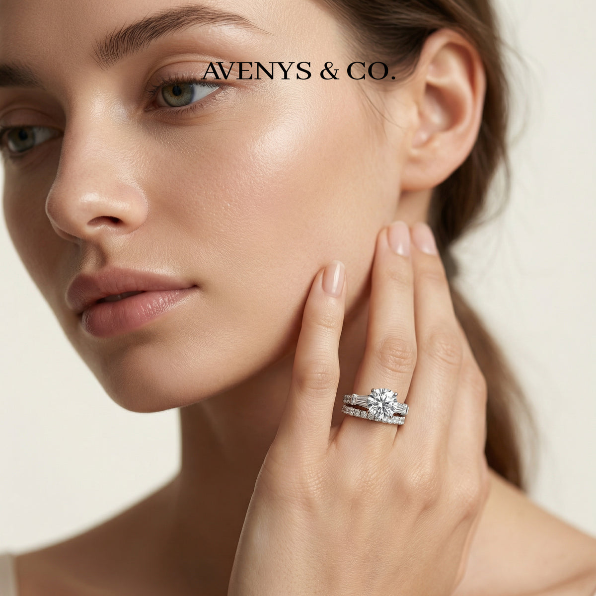 Trilogy Pave Solitaire Ring with Stacking Band with White Round Stone – on White Gold