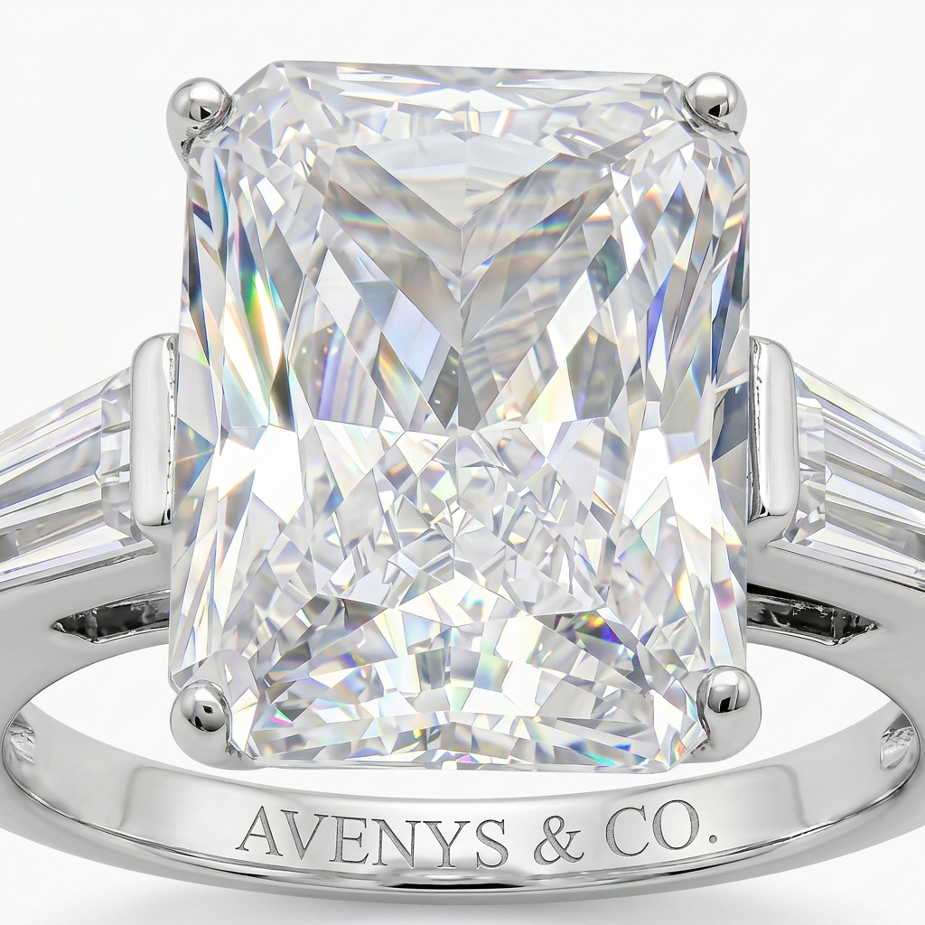 Radiant Trilogy Ring with White Radiant Stone – on White Gold