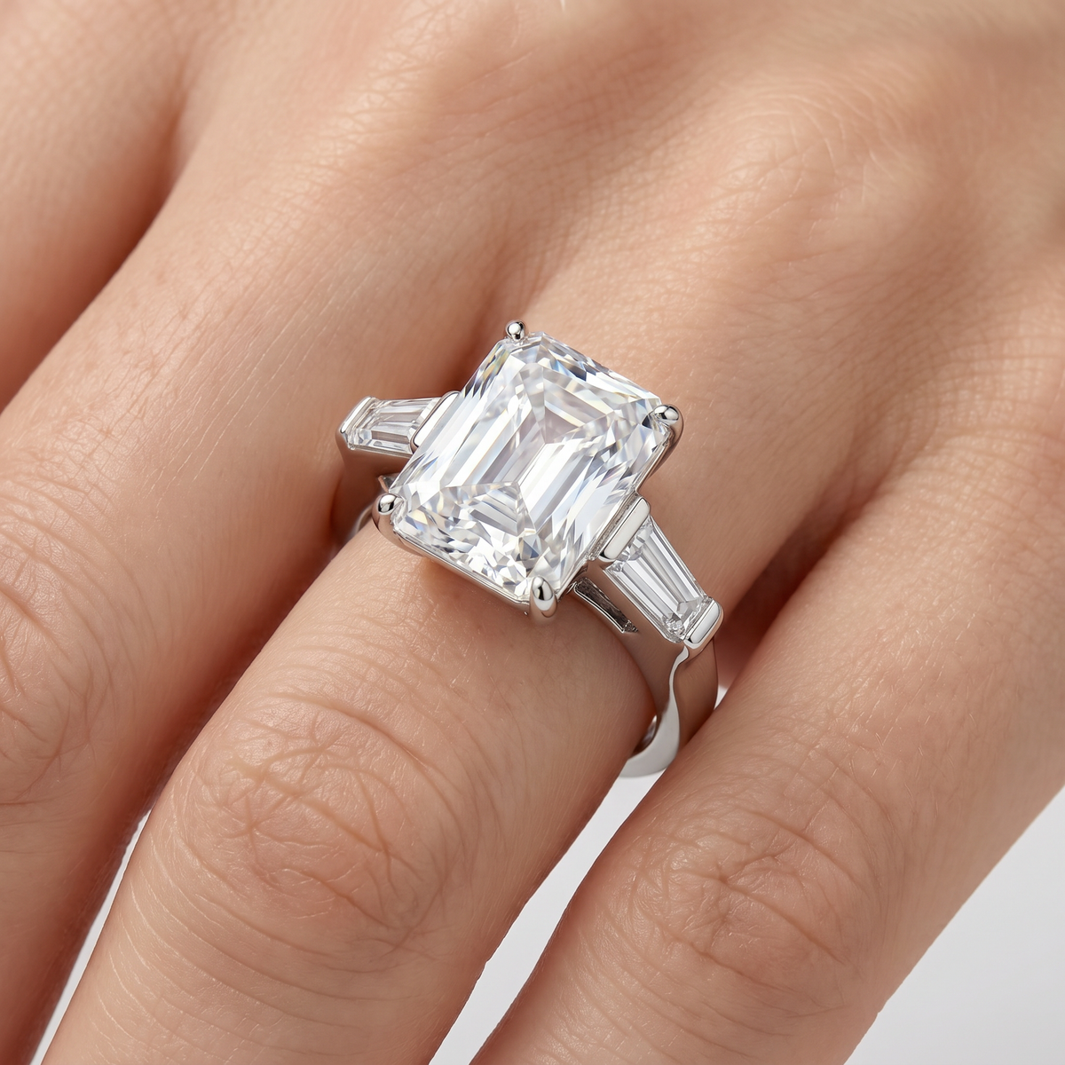 Radiant Trilogy Ring with White Radiant Stone – on White Gold