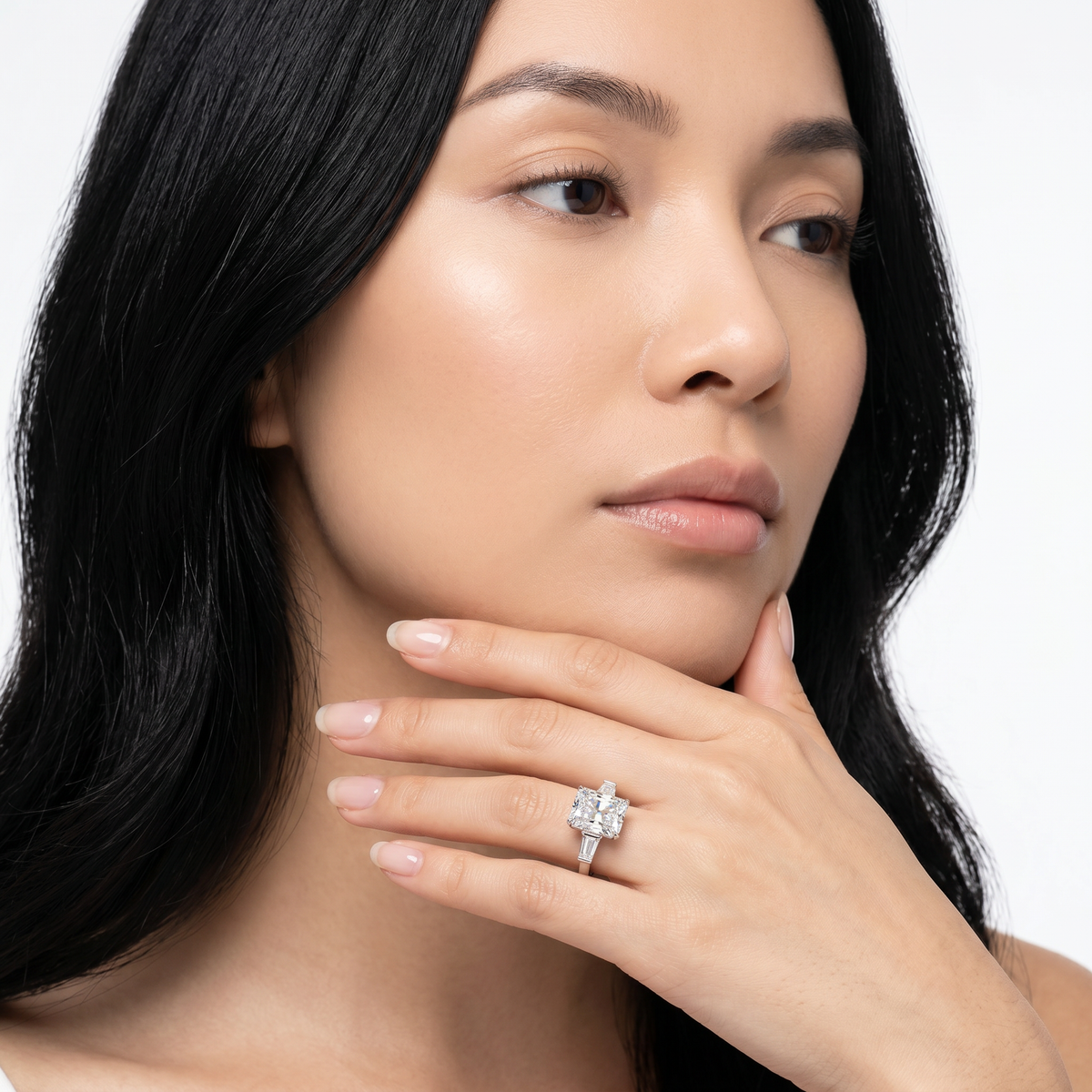 Radiant Trilogy Ring with White Radiant Stone – on White Gold
