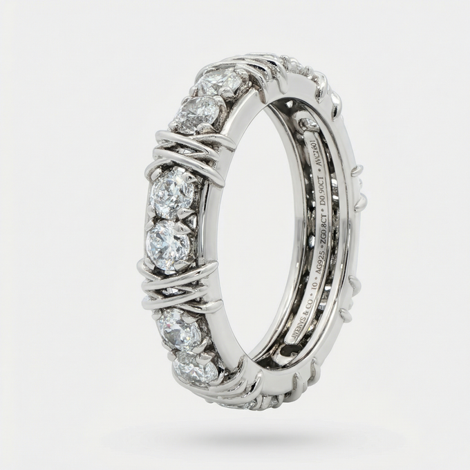 AV Signature Ring Mens with White Round Stone – on White Gold