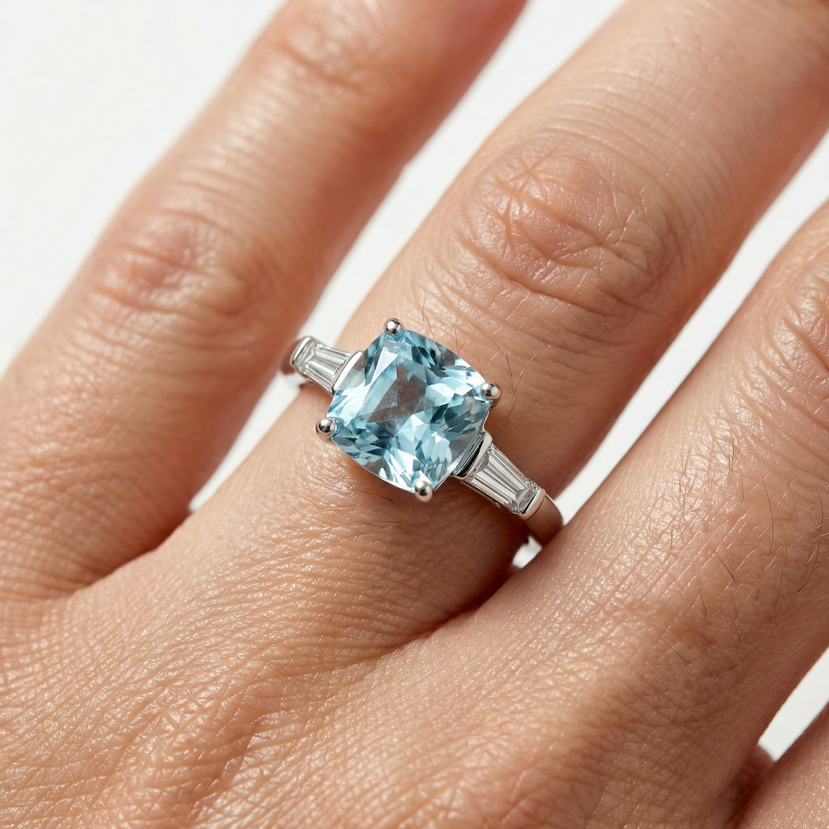 Princess Trilogy Ring with Aquamarine Princess Stone – on White Gold