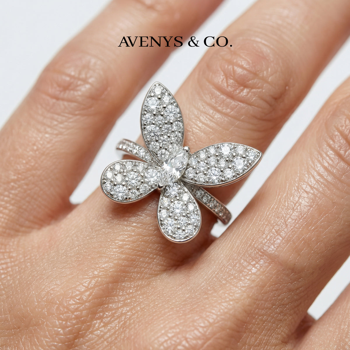 Butterfly Ring with White Round Stone – on White Gold