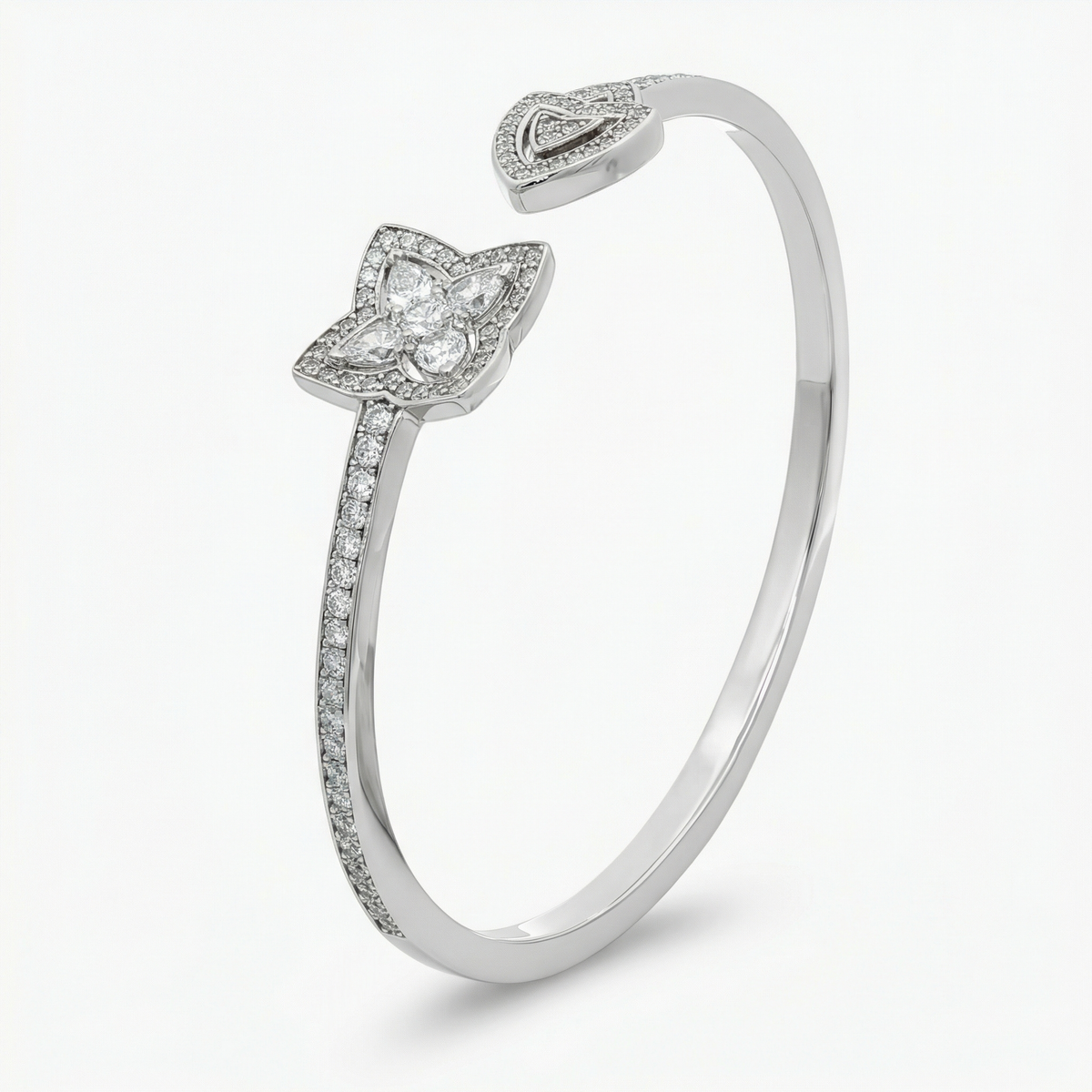 Lotus Bangle with White Round Stone – on White Gold