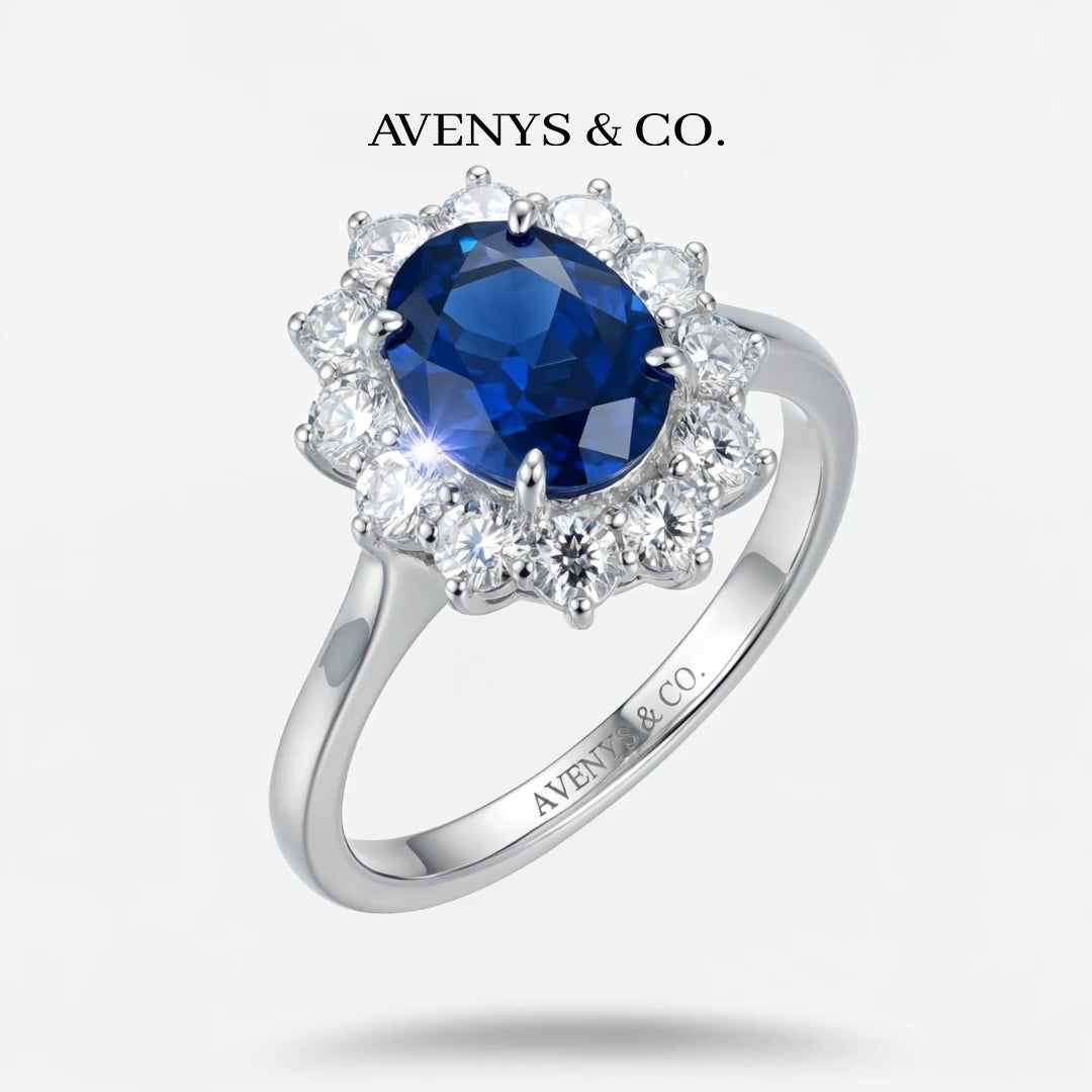 Classic Halo Ring with Blue Oval Stone – on White Gold