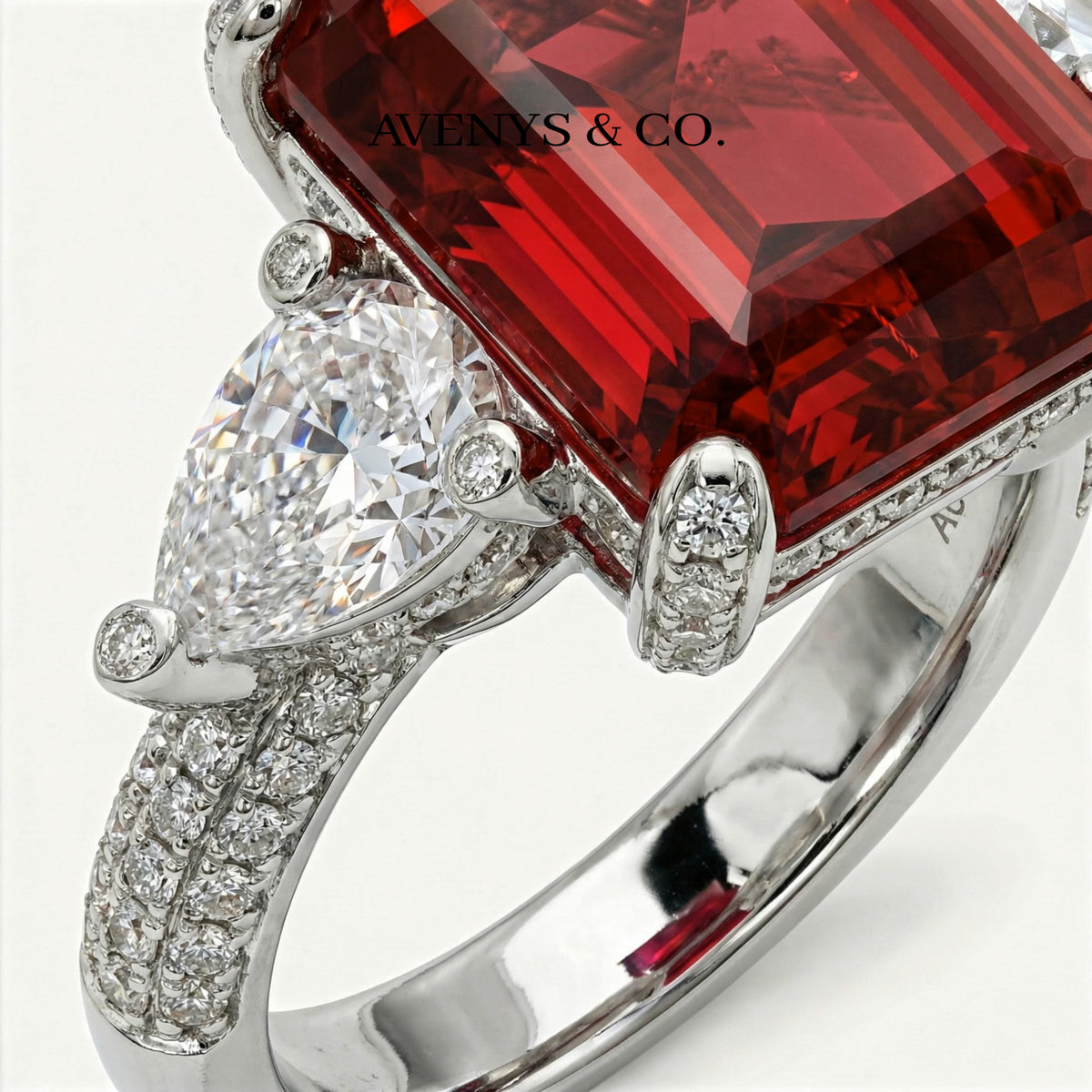 Emerald Pear Trilogy Ring with Red Emerald Stone – on White Gold