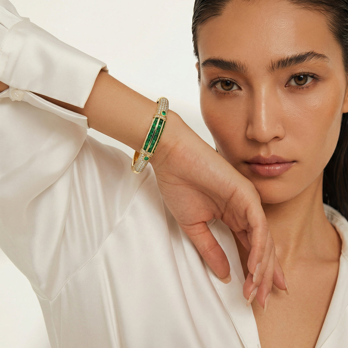 Yellow Gold Bangle with Square Step-Cut Emeralds