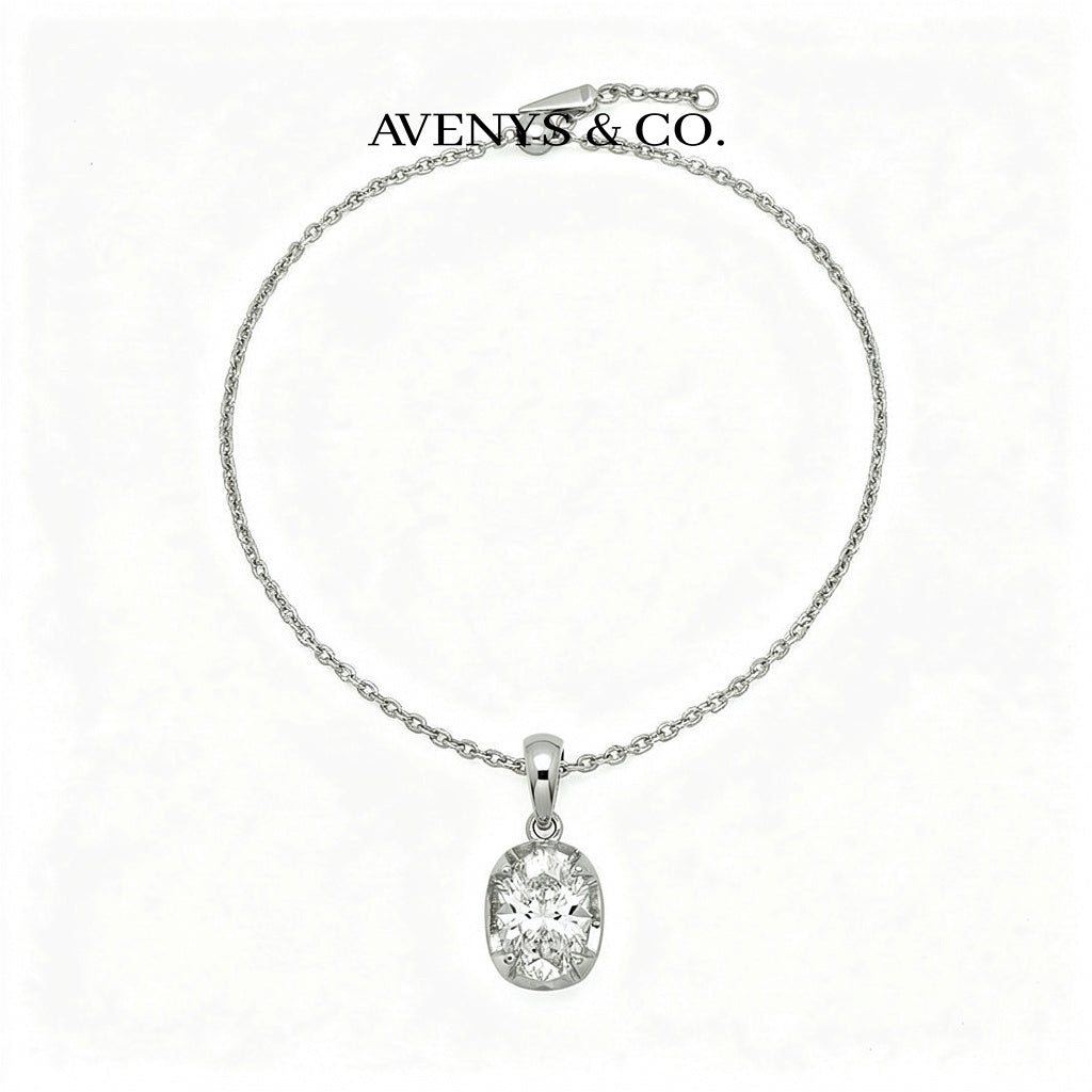 Platinum White Gold Oval Cut Diamond Solitaire Pendant Necklace