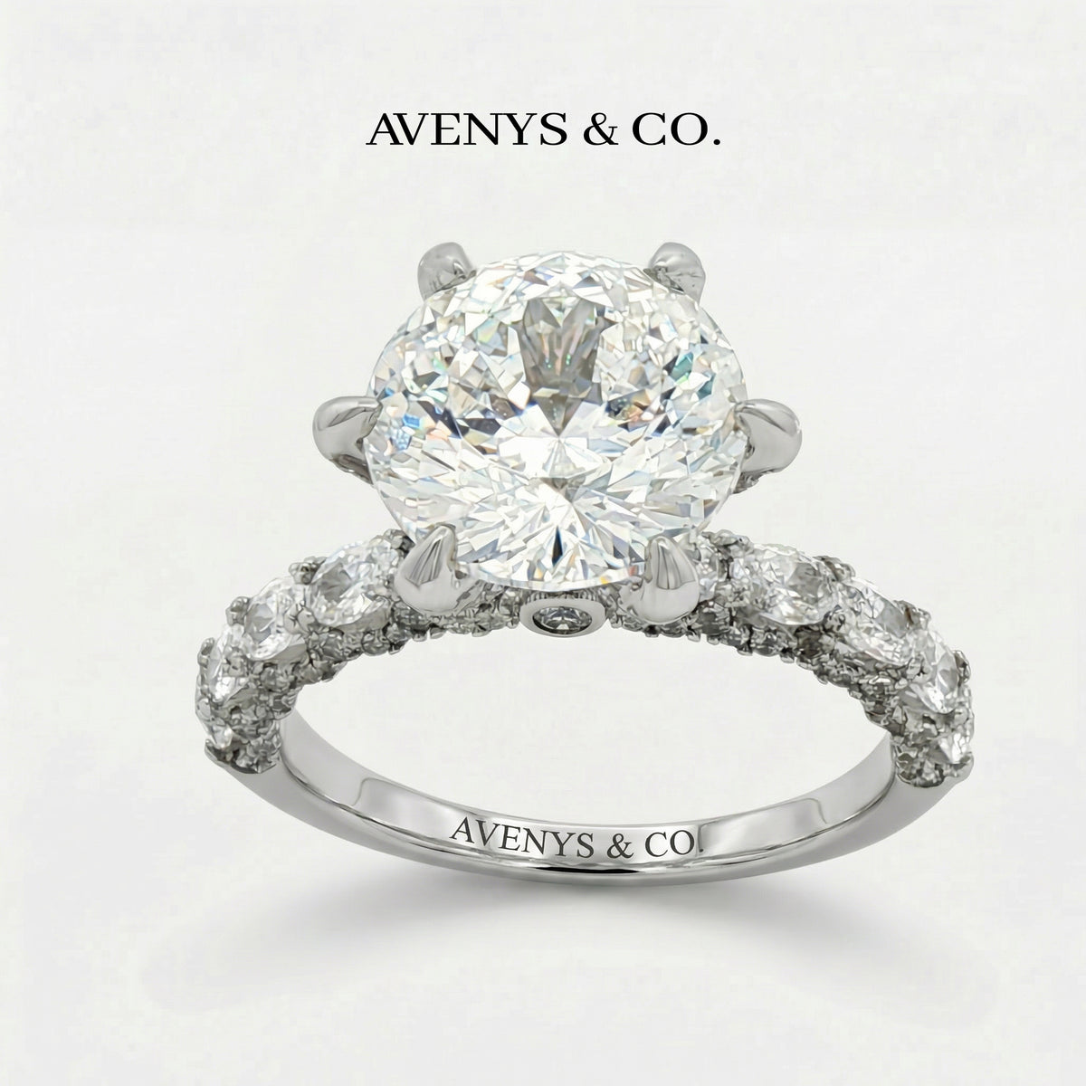 Round Stone Half Pave Ring with White Round Stone – on White Gold
