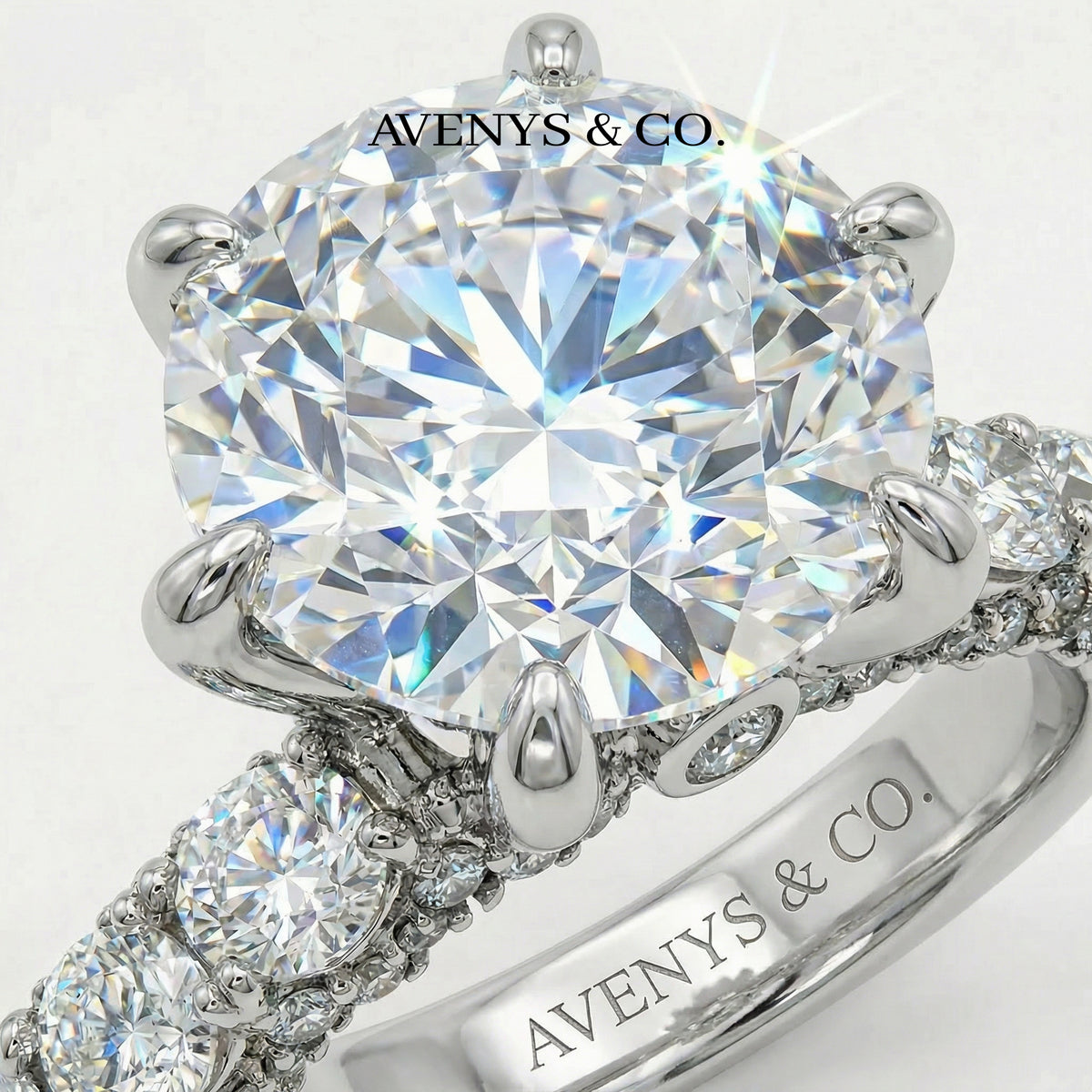 Round Stone Half Pave Ring with White Round Stone – on White Gold