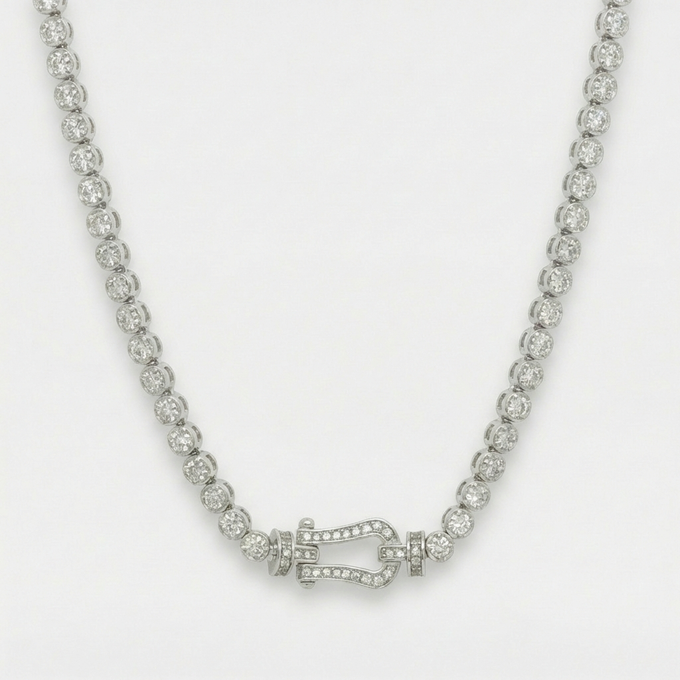 Horseshoe Tennis Necklace with White Round Stone – on White Gold