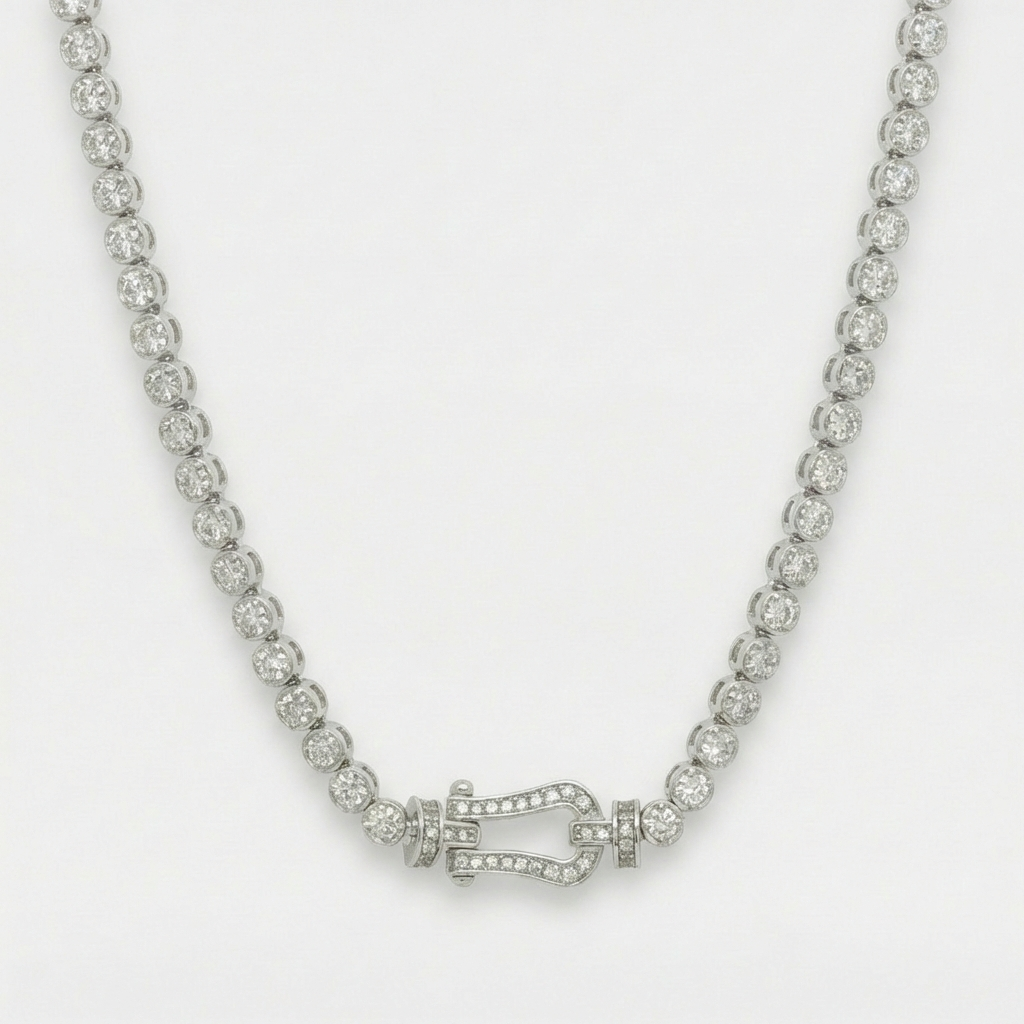 Horseshoe Tennis Necklace with White Round Stone – on White Gold
