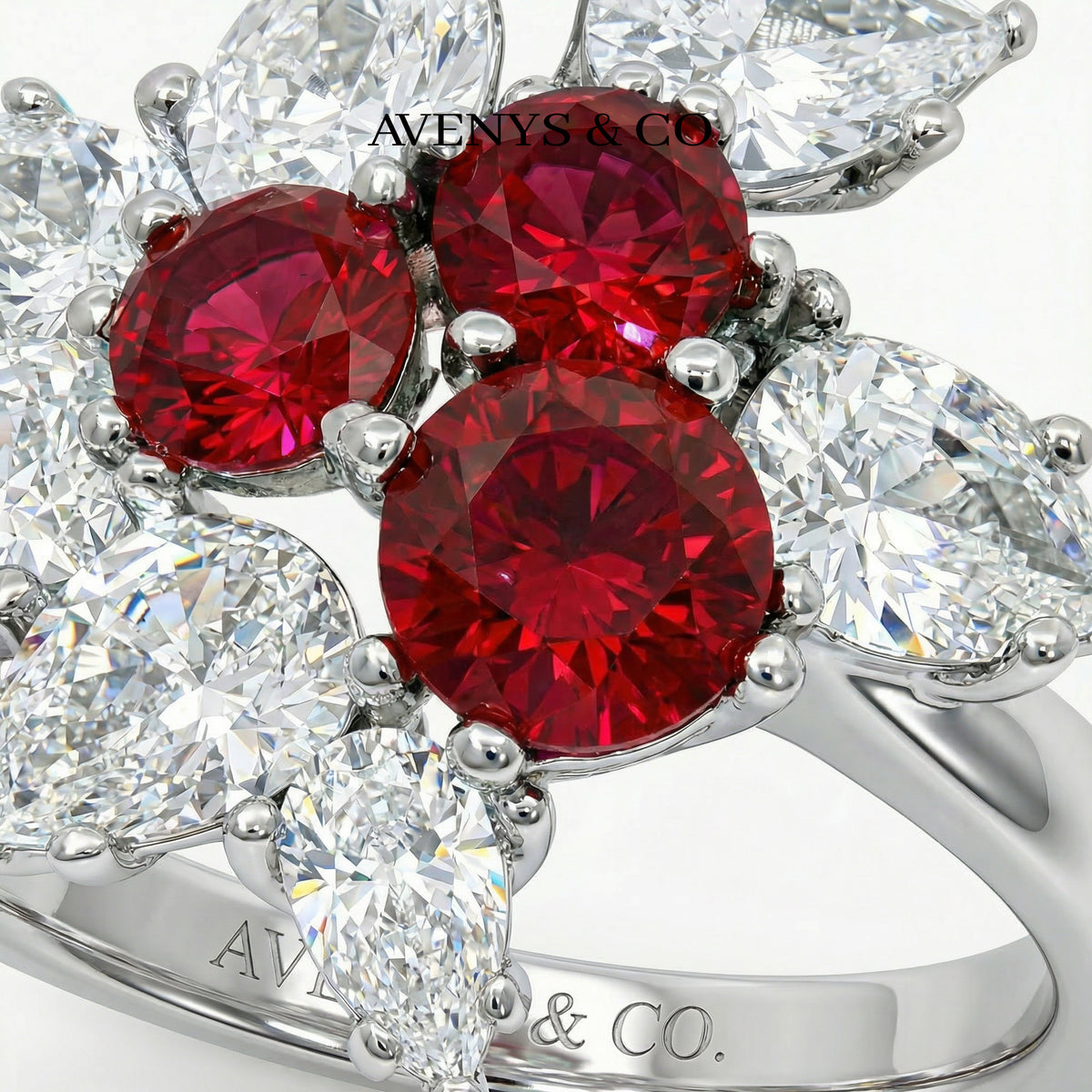Cherry Cluster Ring with Red Round Stone – on White Gold