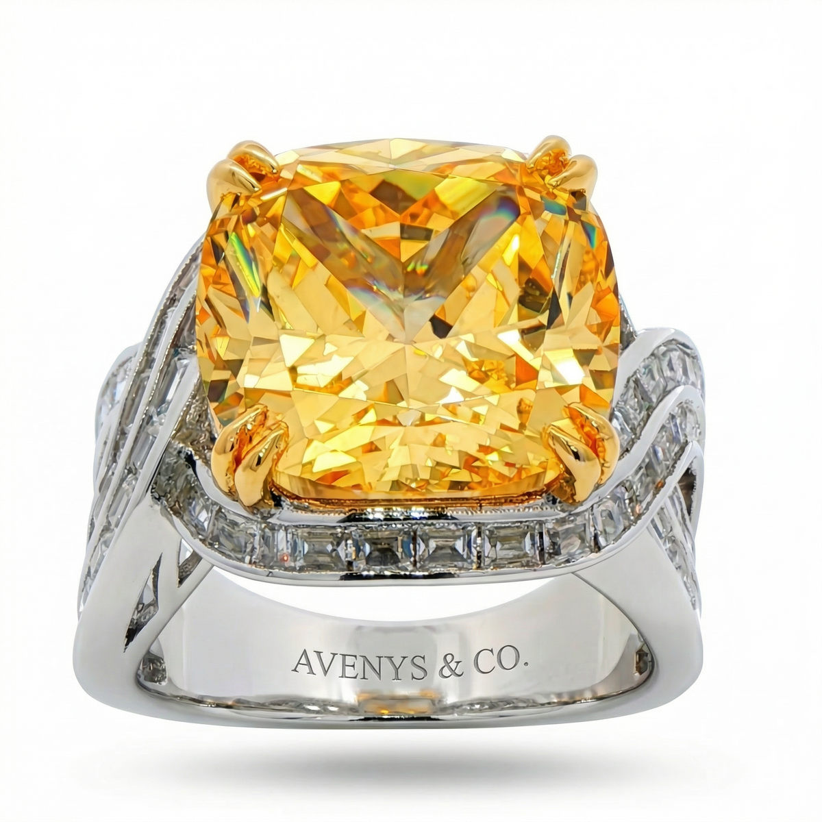 Citadel Pave Ring with Yellow Cushion Stone – on White Gold