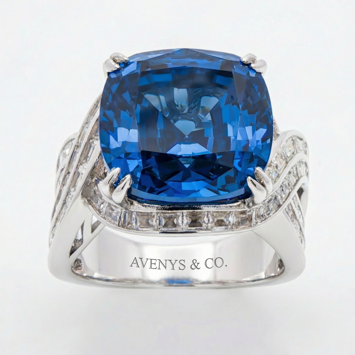 Citadel Pave Ring with Blue Cushion Stone – on White Gold