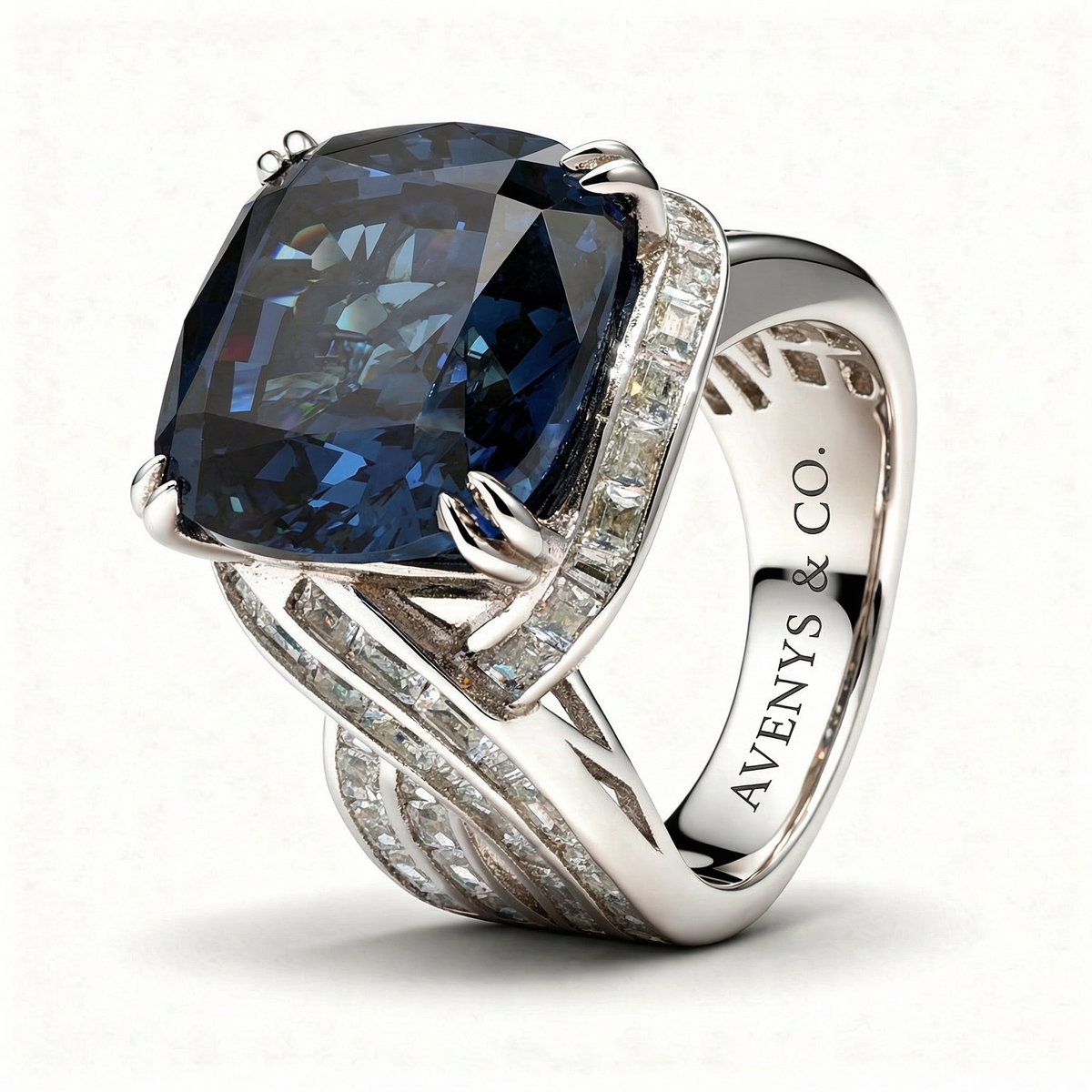 Citadel Pave Ring with Blue Cushion Stone – on White Gold