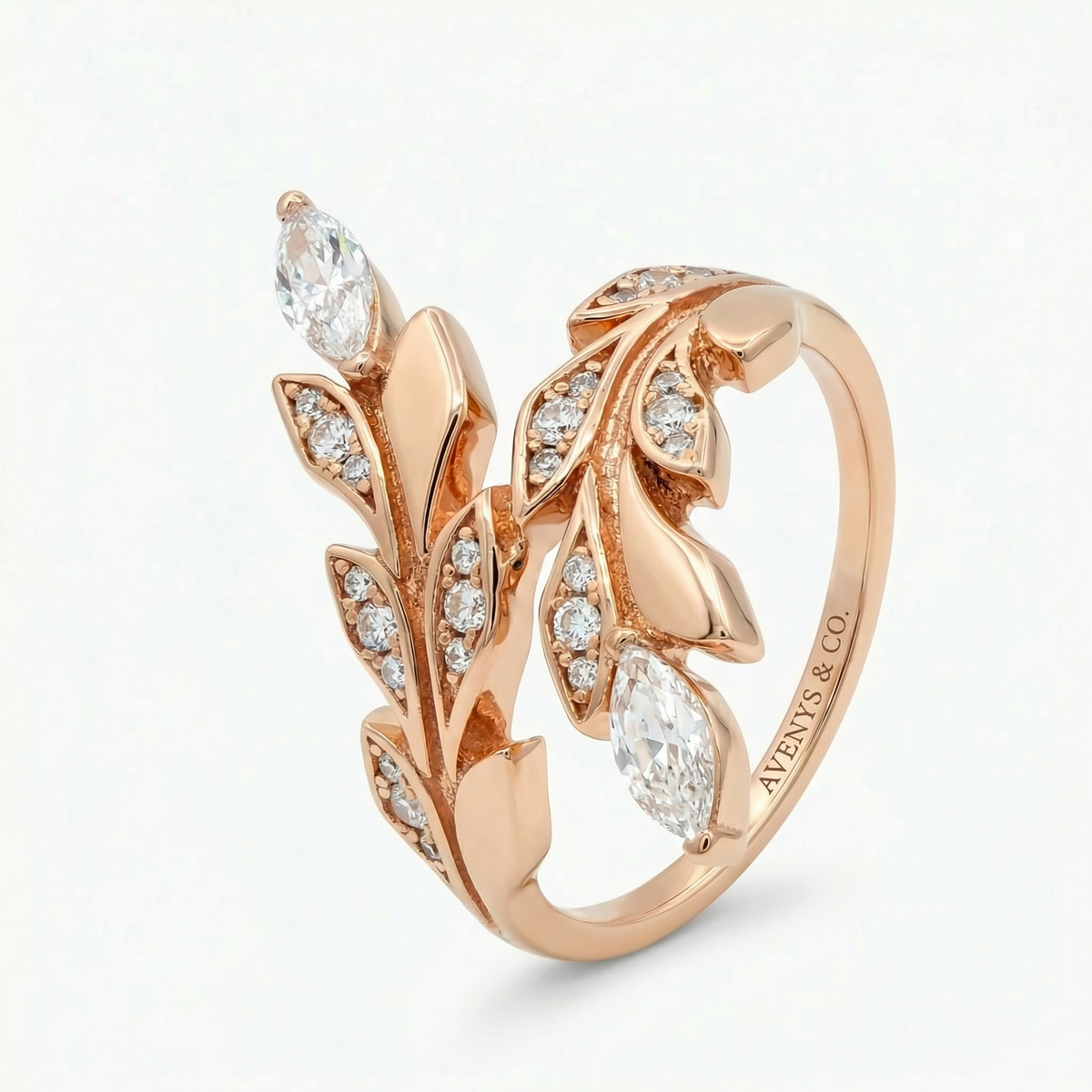 Leaf Ring with White Round Stone – on Yellow Gold
