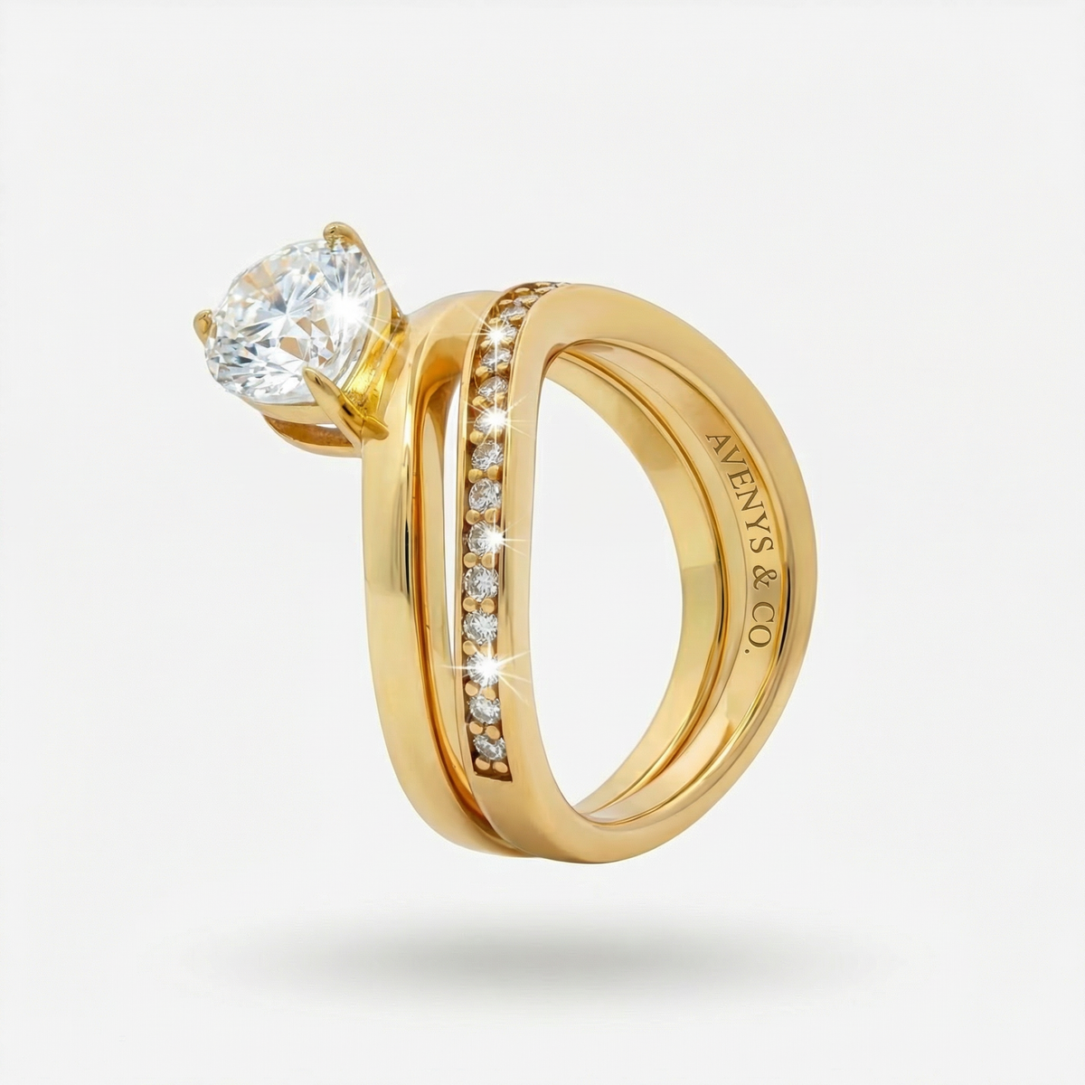 Wave Pave Double Ring with White Pear Stone – on Yellow Gold