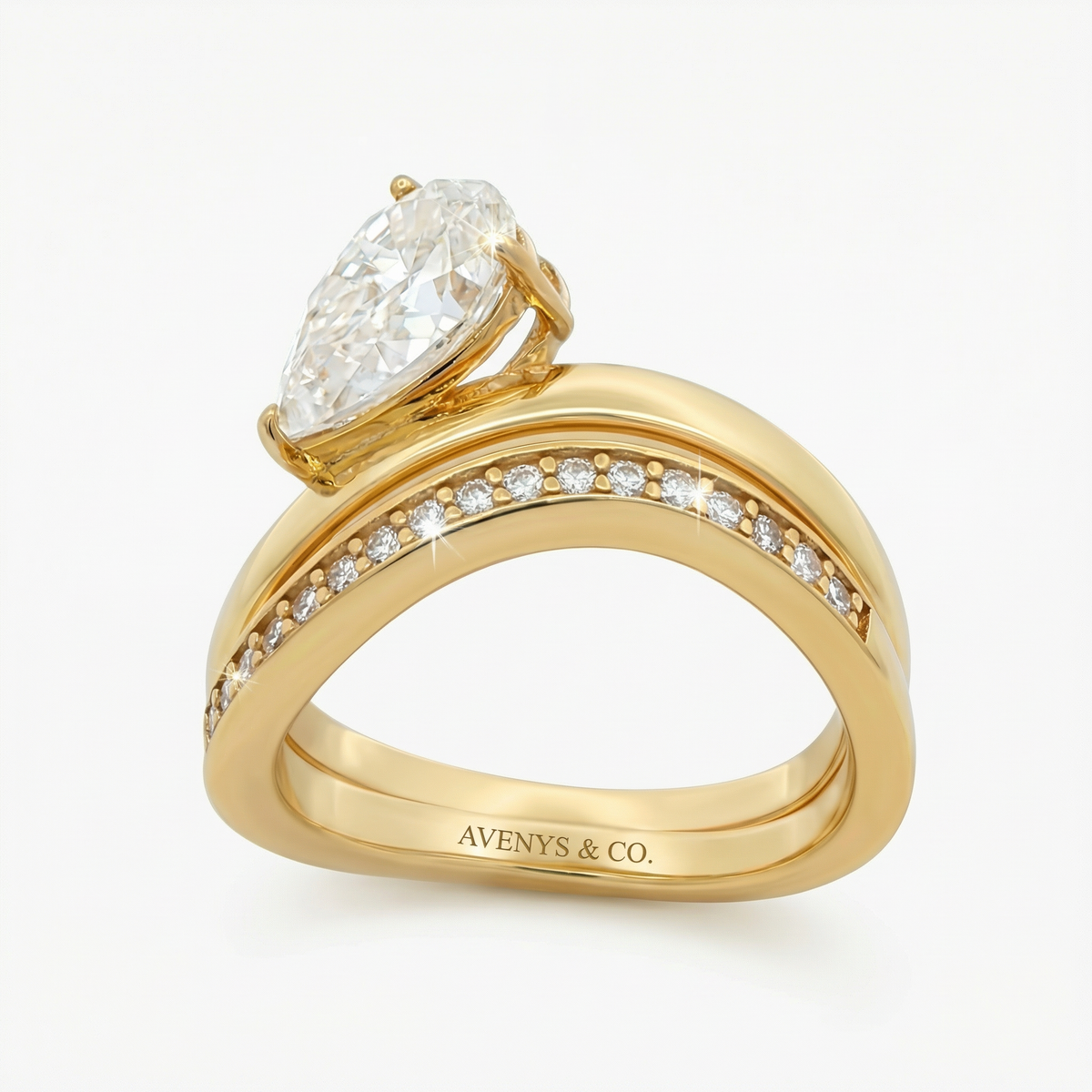 Wave Pave Double Ring with White Pear Stone – on Yellow Gold