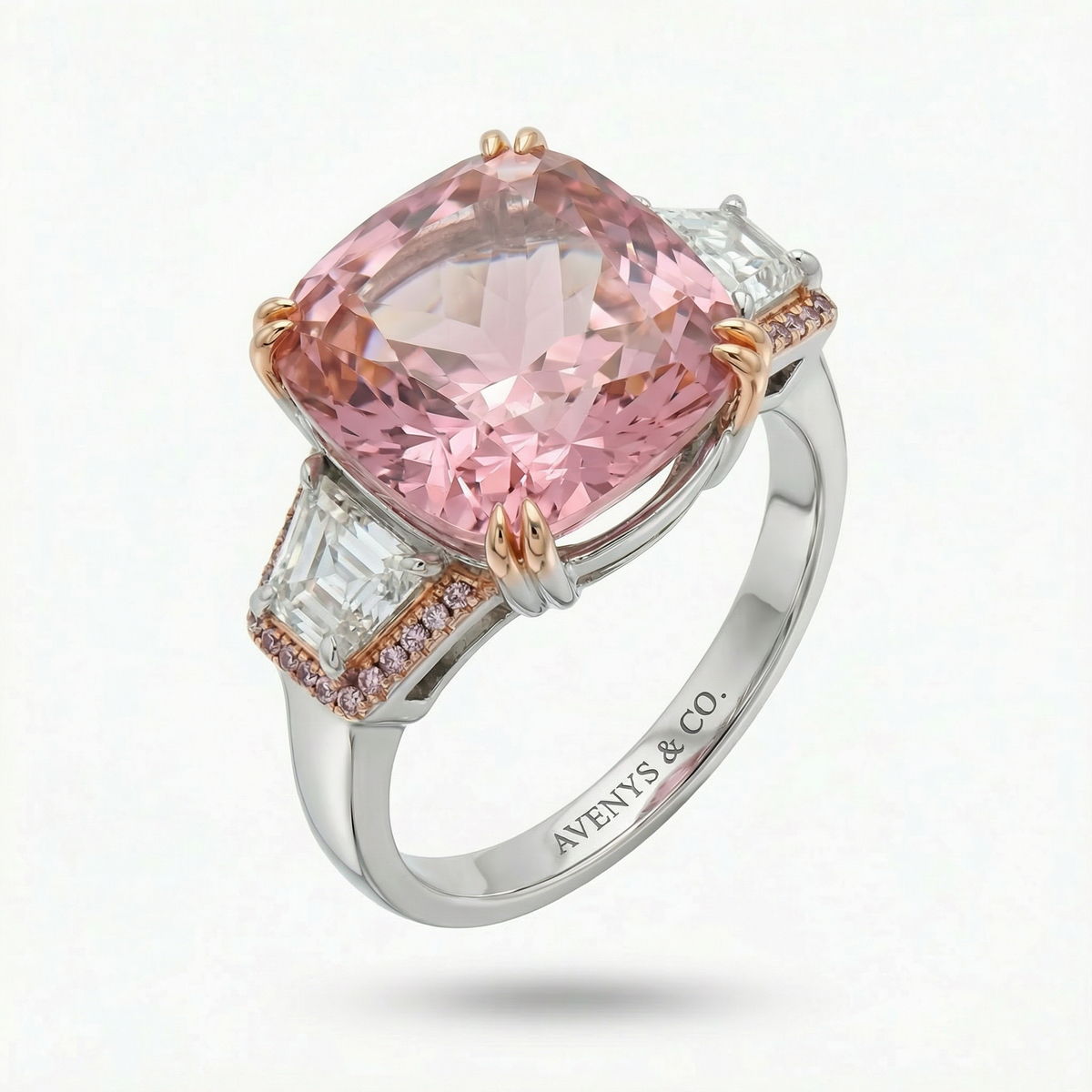 Trilogy Halo Ring with Pink Cushion Stone – on White Gold