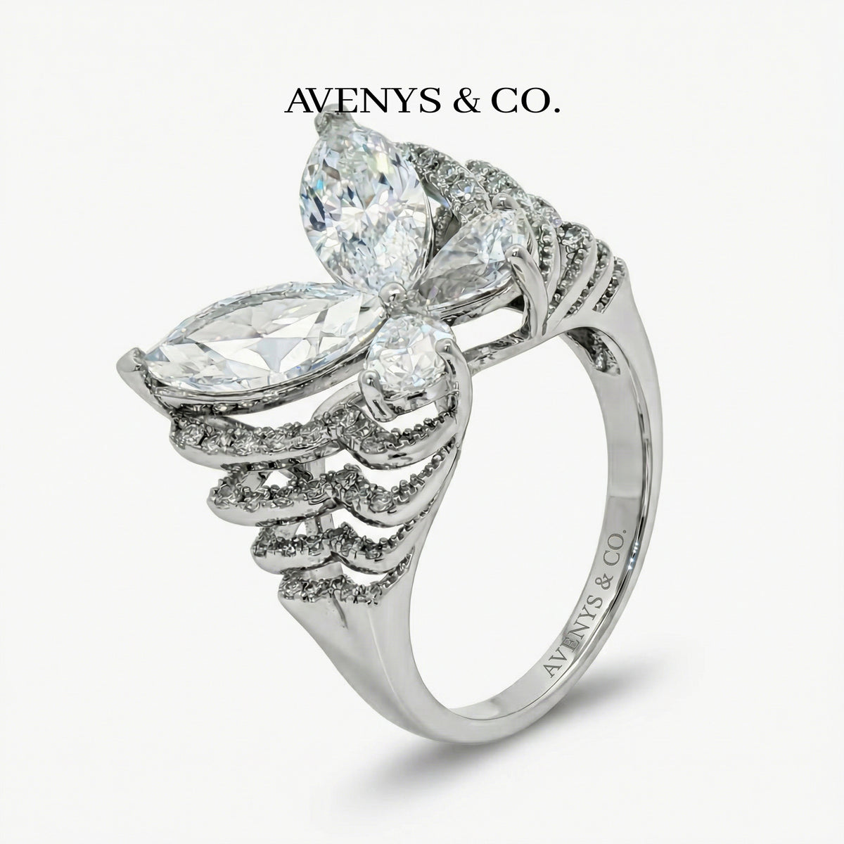 Butterfly Pave Ring with White Marquise Stone – on White Gold