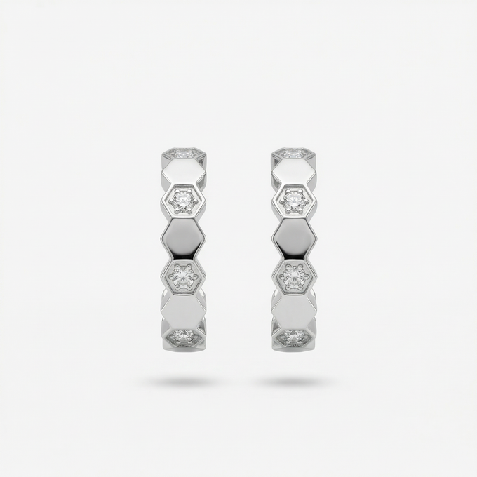 Honeycomb Earrings with White Round Stone – on White Gold