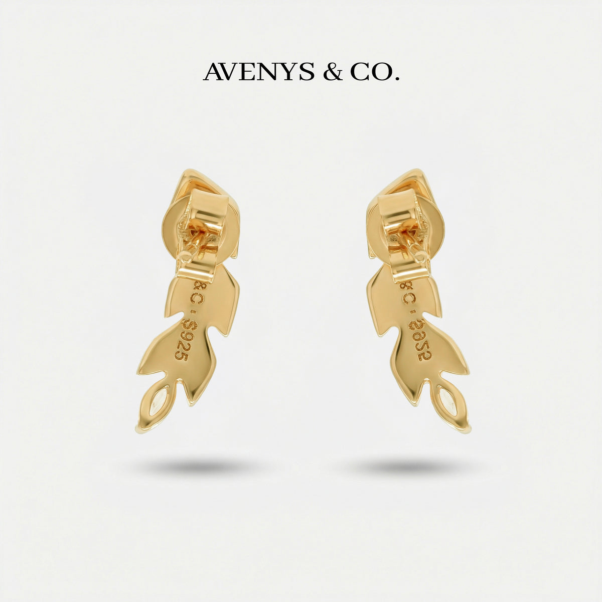 Leaf Earrings with White Round Stone – on Yellow Gold