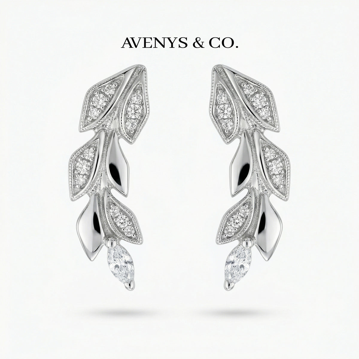Leaf Earrings with White Round Stone – on White Gold
