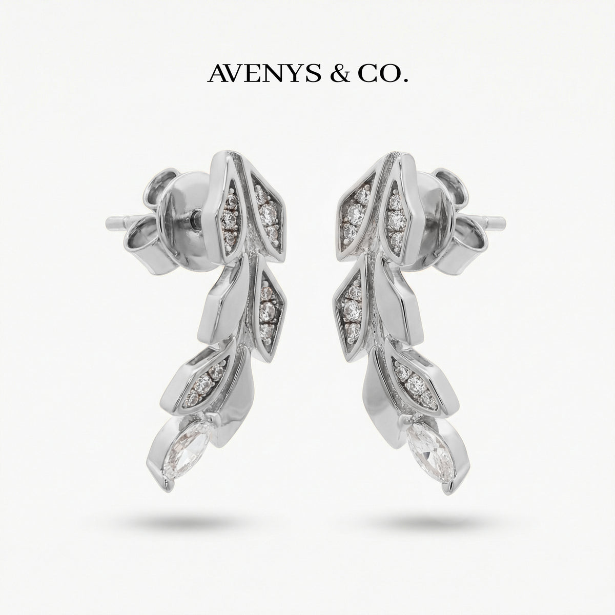 Leaf Earrings with White Round Stone – on White Gold