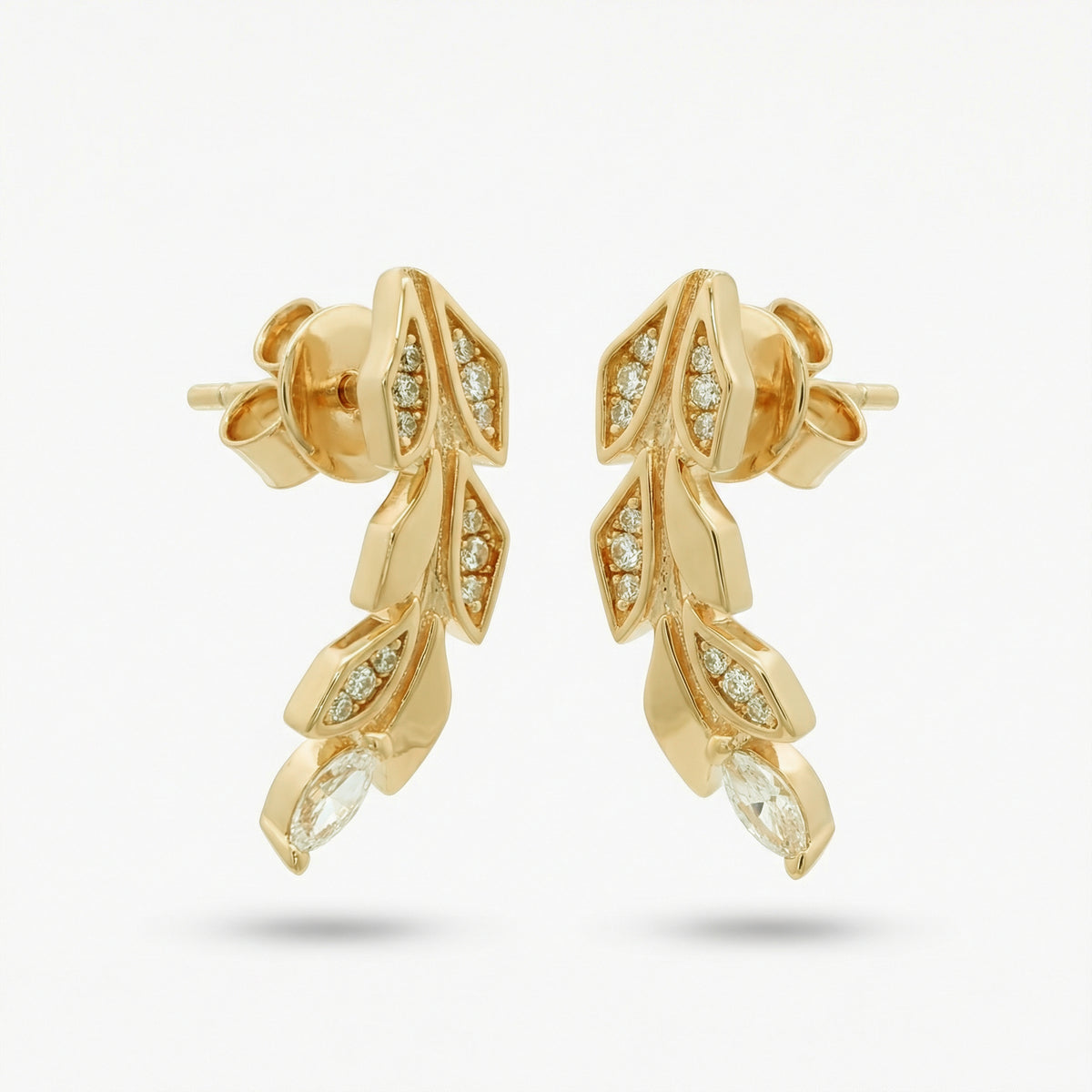 Leaf Earrings with White Round Stone – on Yellow Gold