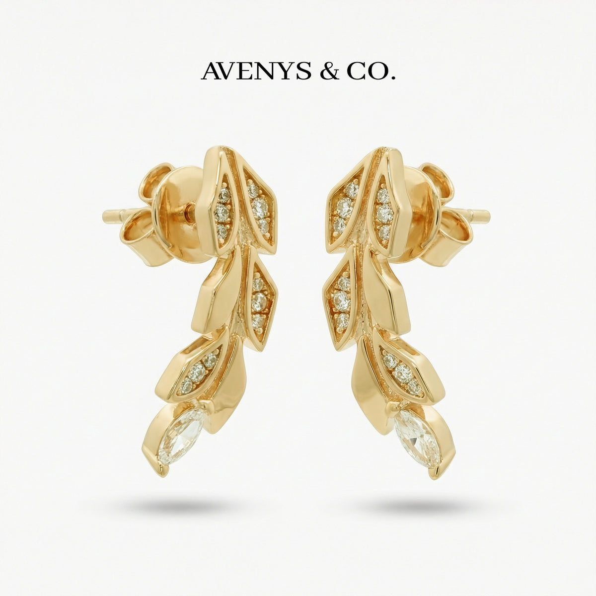 Leaf Earrings with White Round Stone – on Yellow Gold