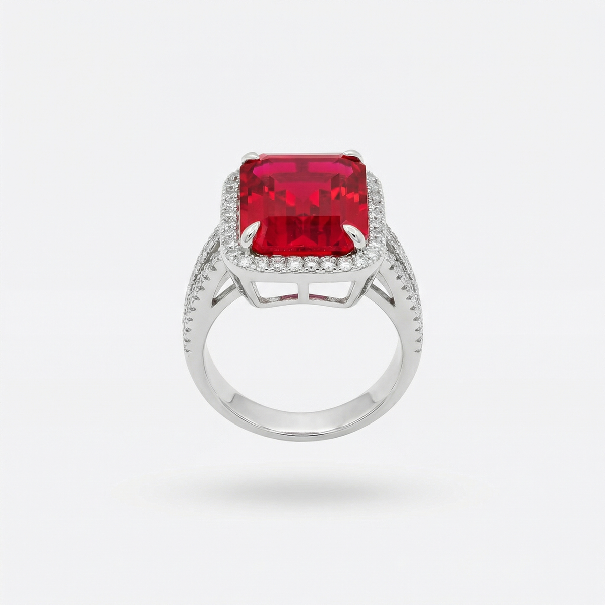 Triple Shank Radiant Ring with Red Radiant Stone – on White Gold