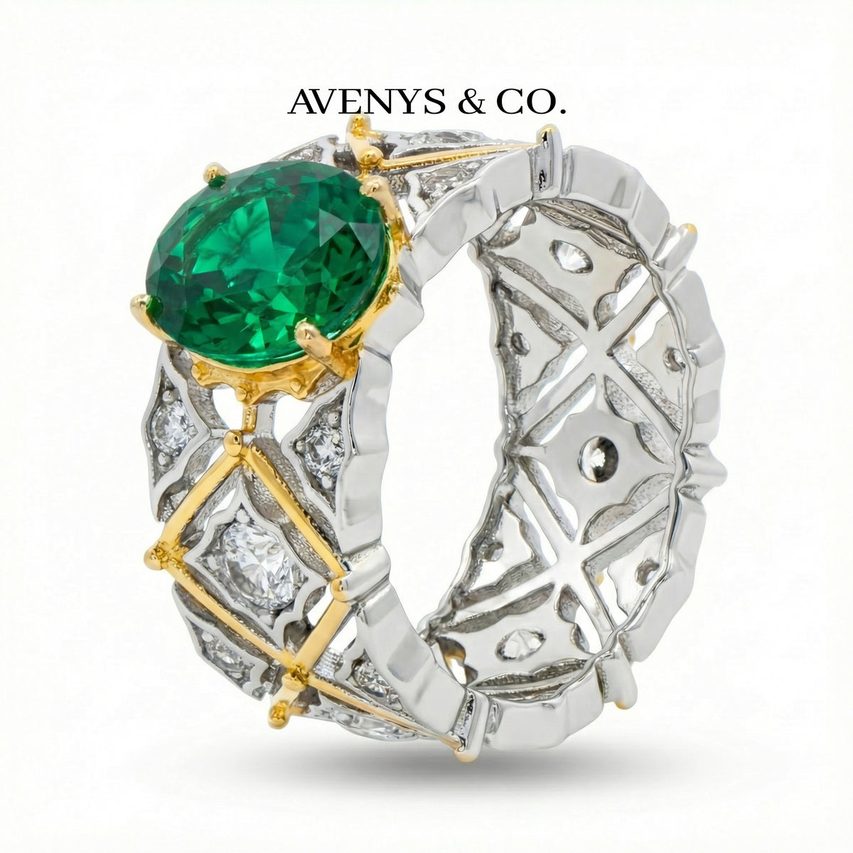 Arabesque Wide Ring with Green Oval Stone – on White Gold