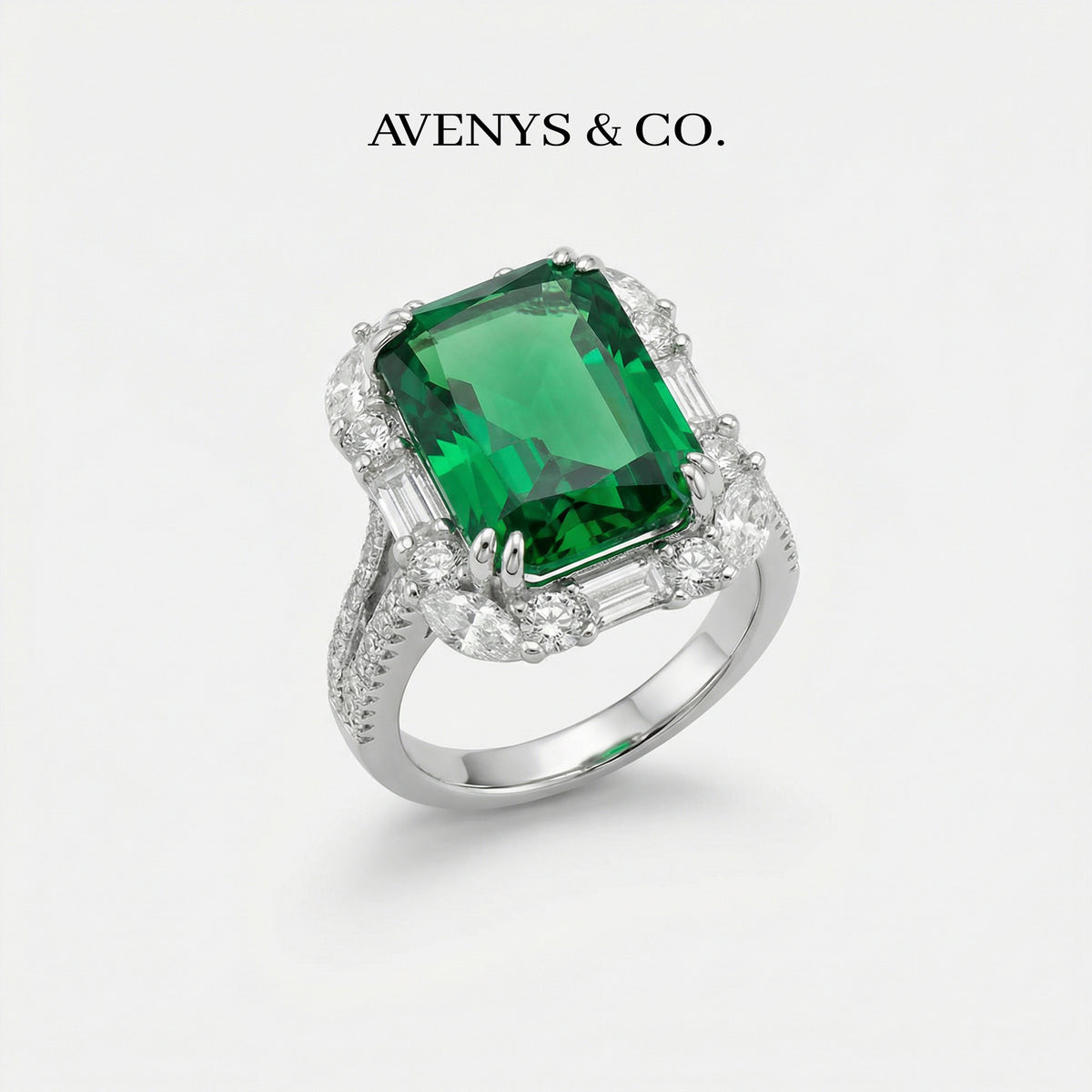 Eden Frame Ring with Green Radiant Stone – on White Gold