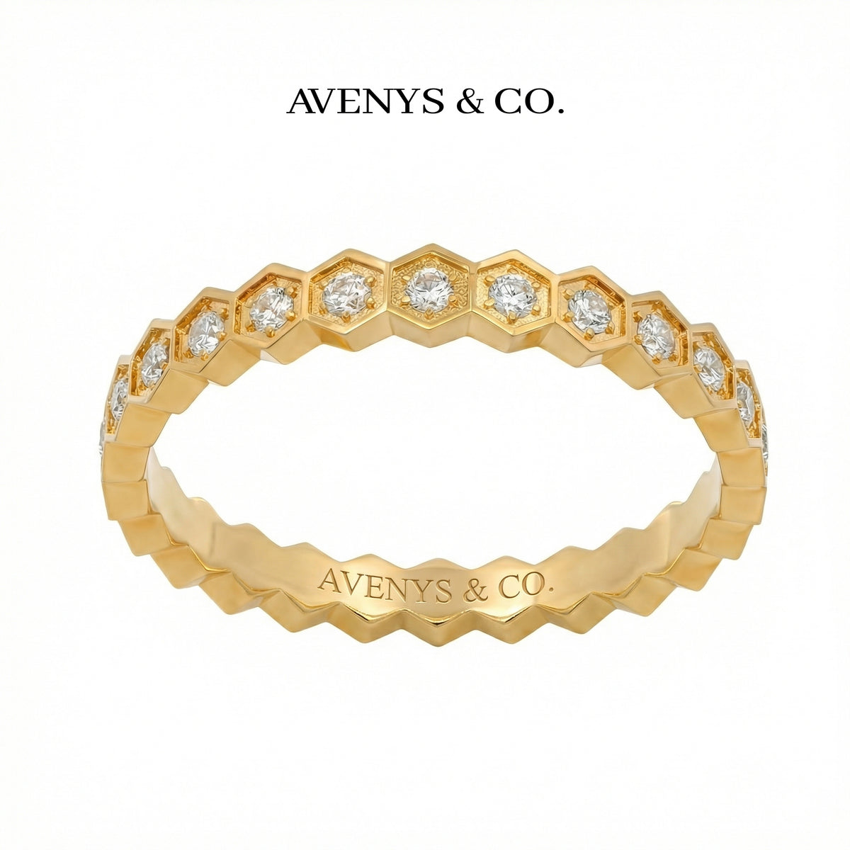 Honeycomb Ring Full with White Round Stone – on Yellow Gold