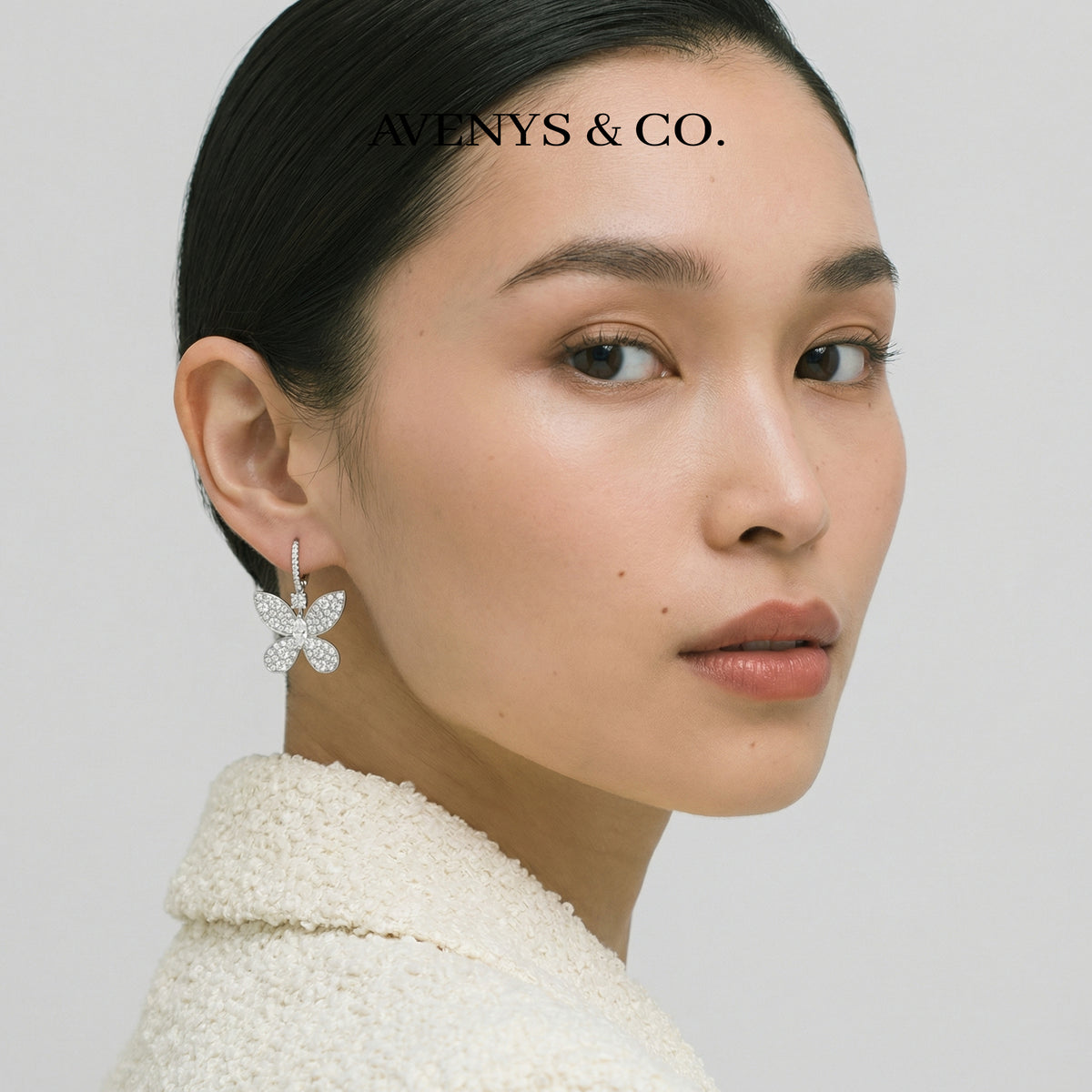 Butterfly Earrings with White Round Stone – on White Gold