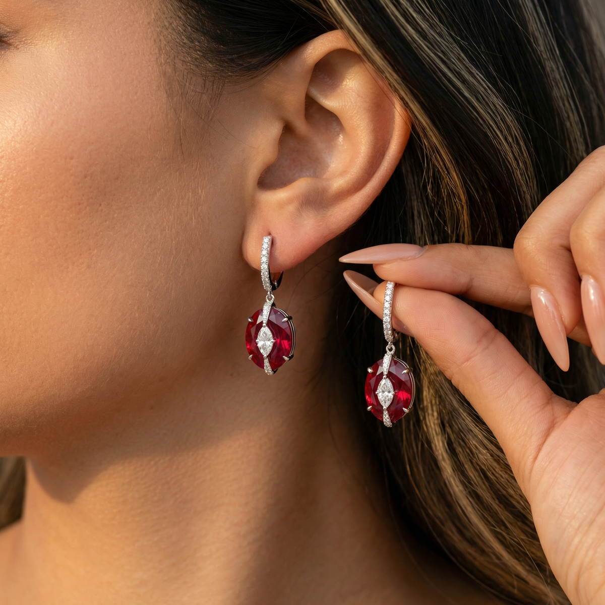 Embrace Queens Earrings with Red Oval Stone – on White Gold