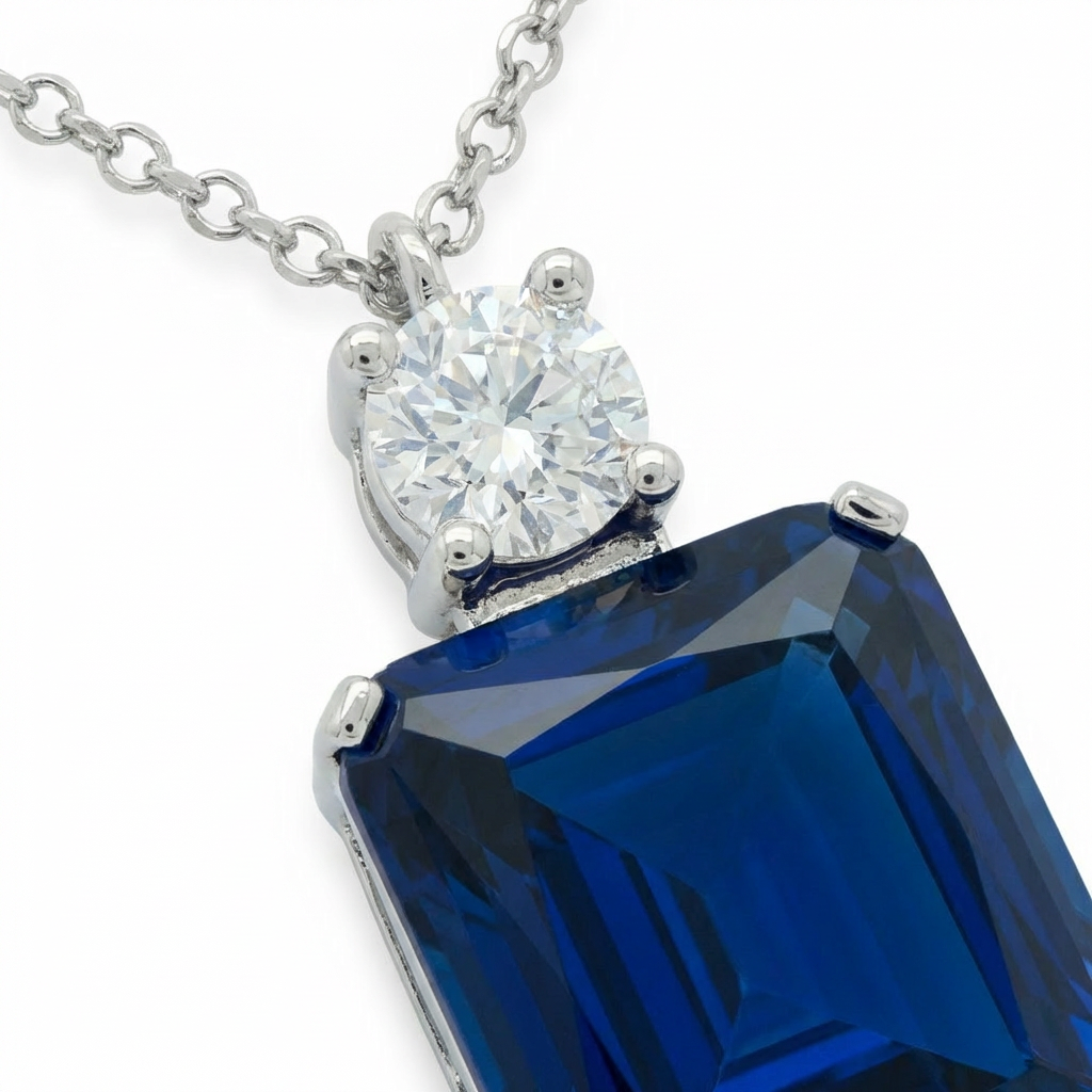 Radiant Pendant Necklace with Blue Radiant Stone – on White Gold