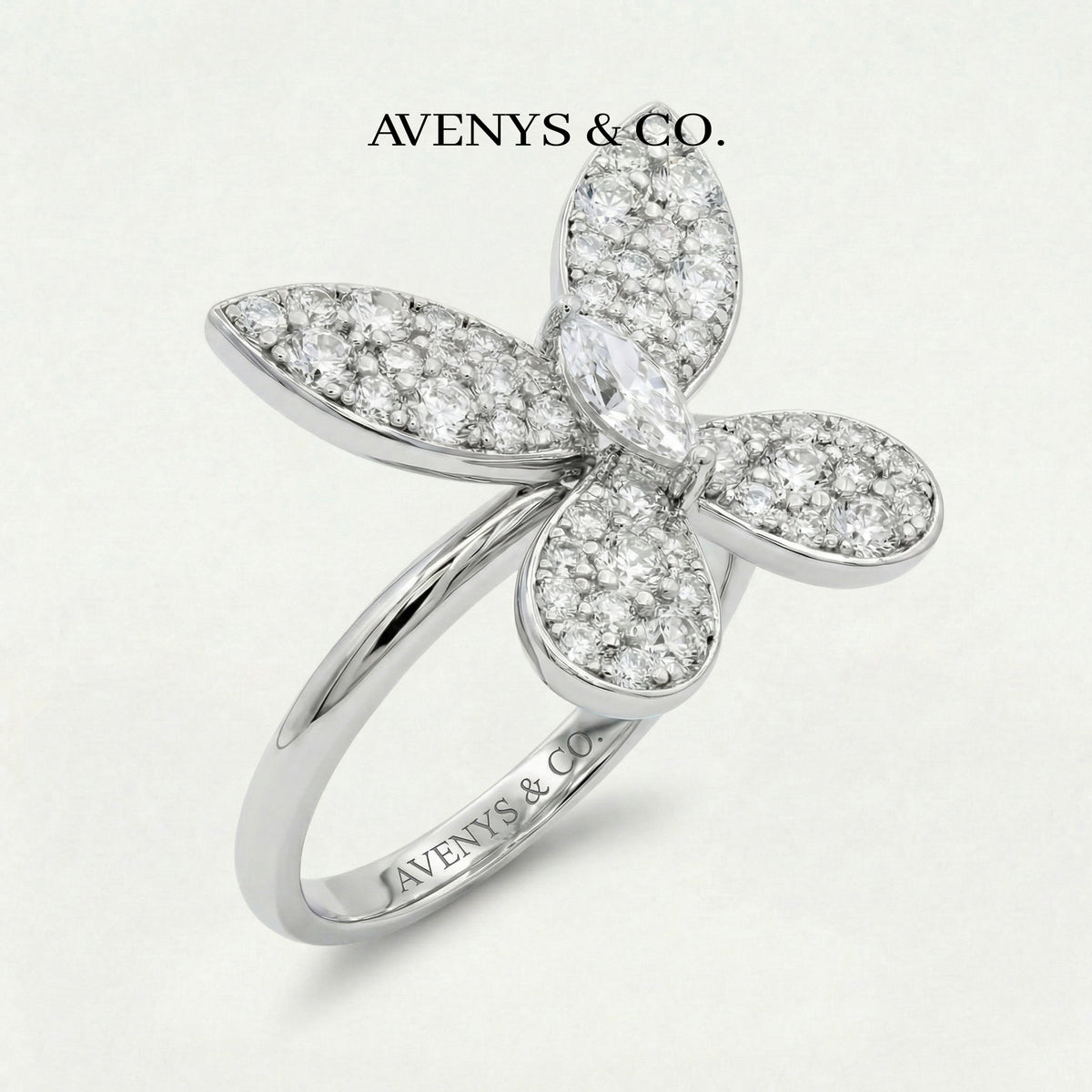 Butterfly Ring with White Round Stone – on White Gold