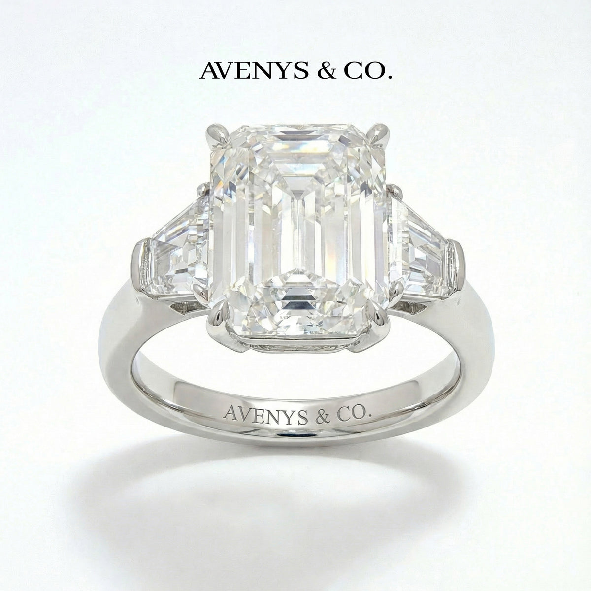 Trilogy Ring with White Emerald Stone – on White Gold
