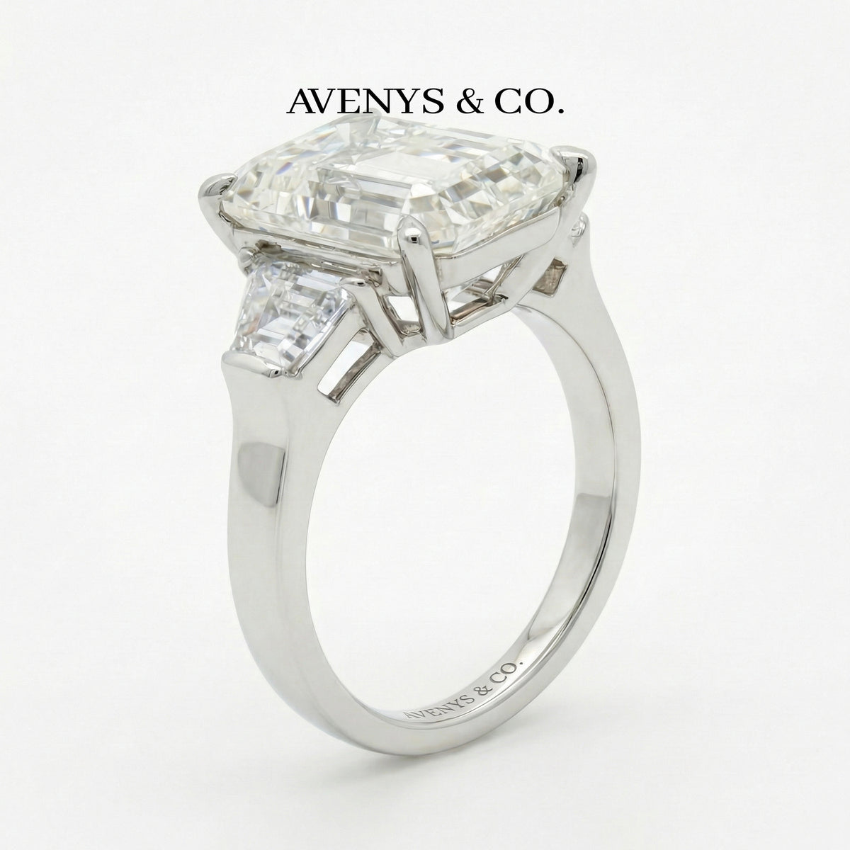Trilogy Ring with White Emerald Stone – on White Gold