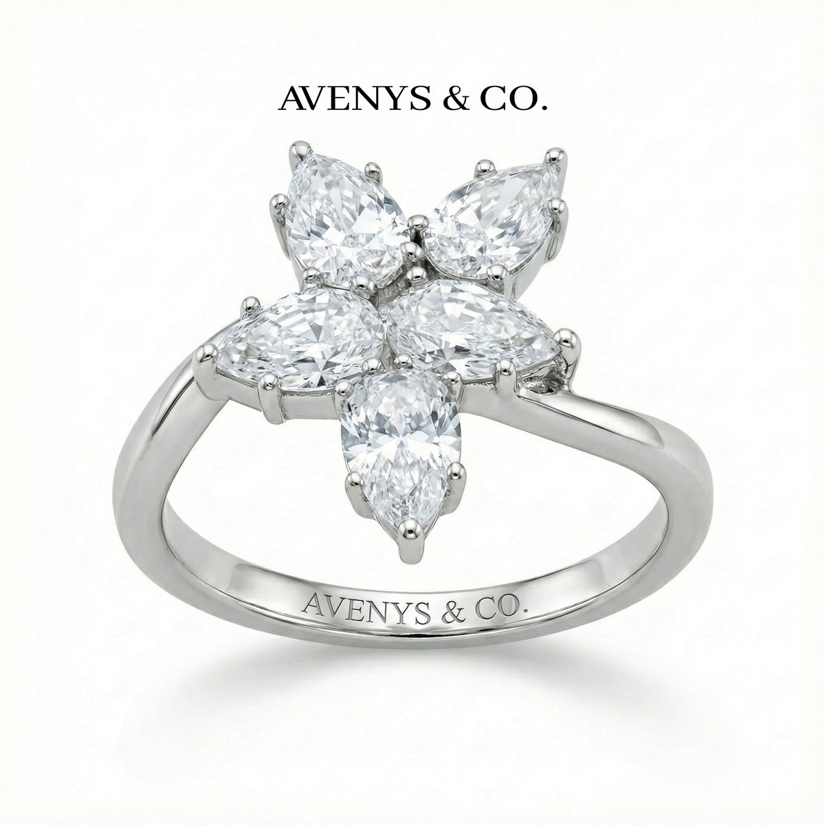 Cluster Ring with White Pear Stone – on White Gold
