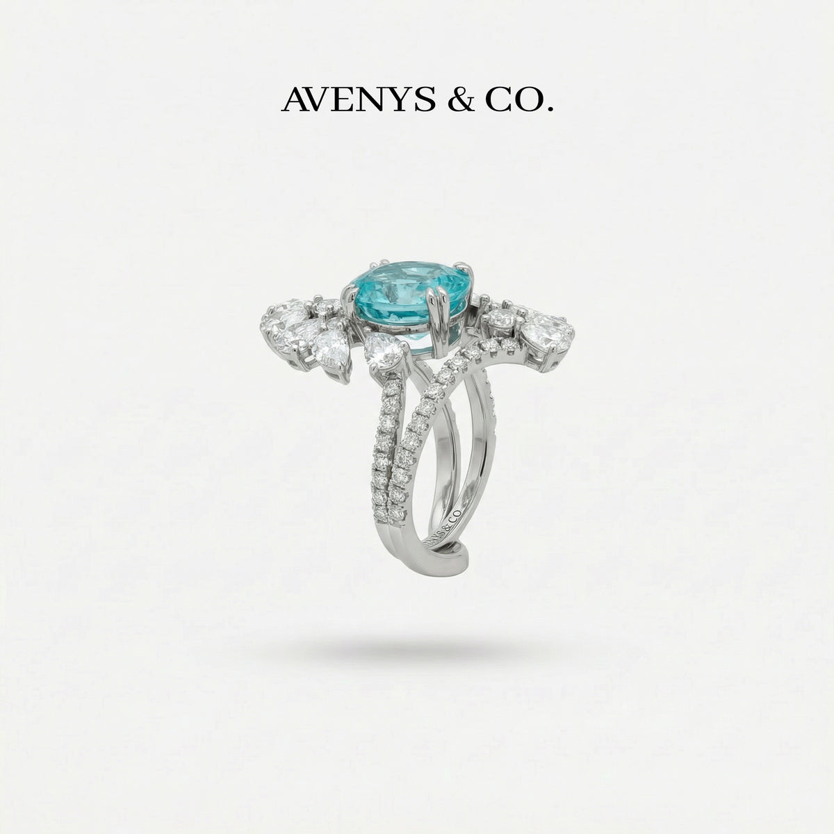 Lagoon Pave Ring with Stacking Band with Paraiba Oval Stone – on White Gold