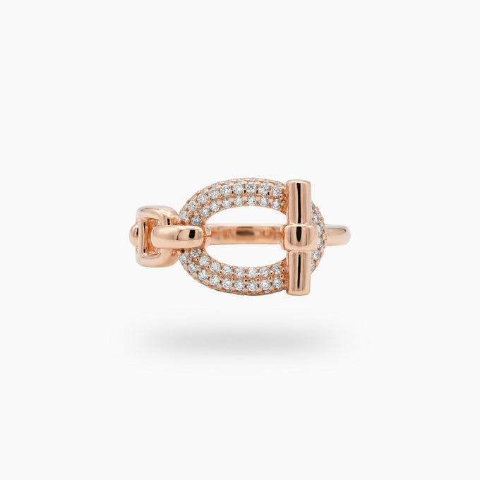 Buckle Pave Ring with White Round Stone – on Yellow Gold