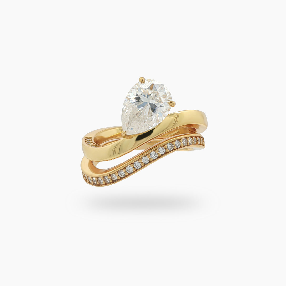 Wave Pave Double Ring with White Pear Stone – on Yellow Gold
