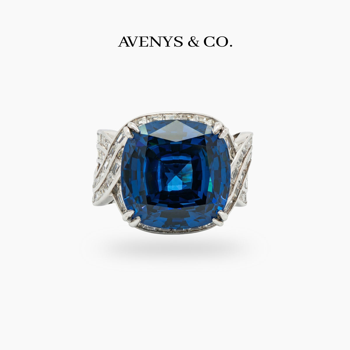 Citadel Pave Ring with Blue Cushion Stone – on White Gold