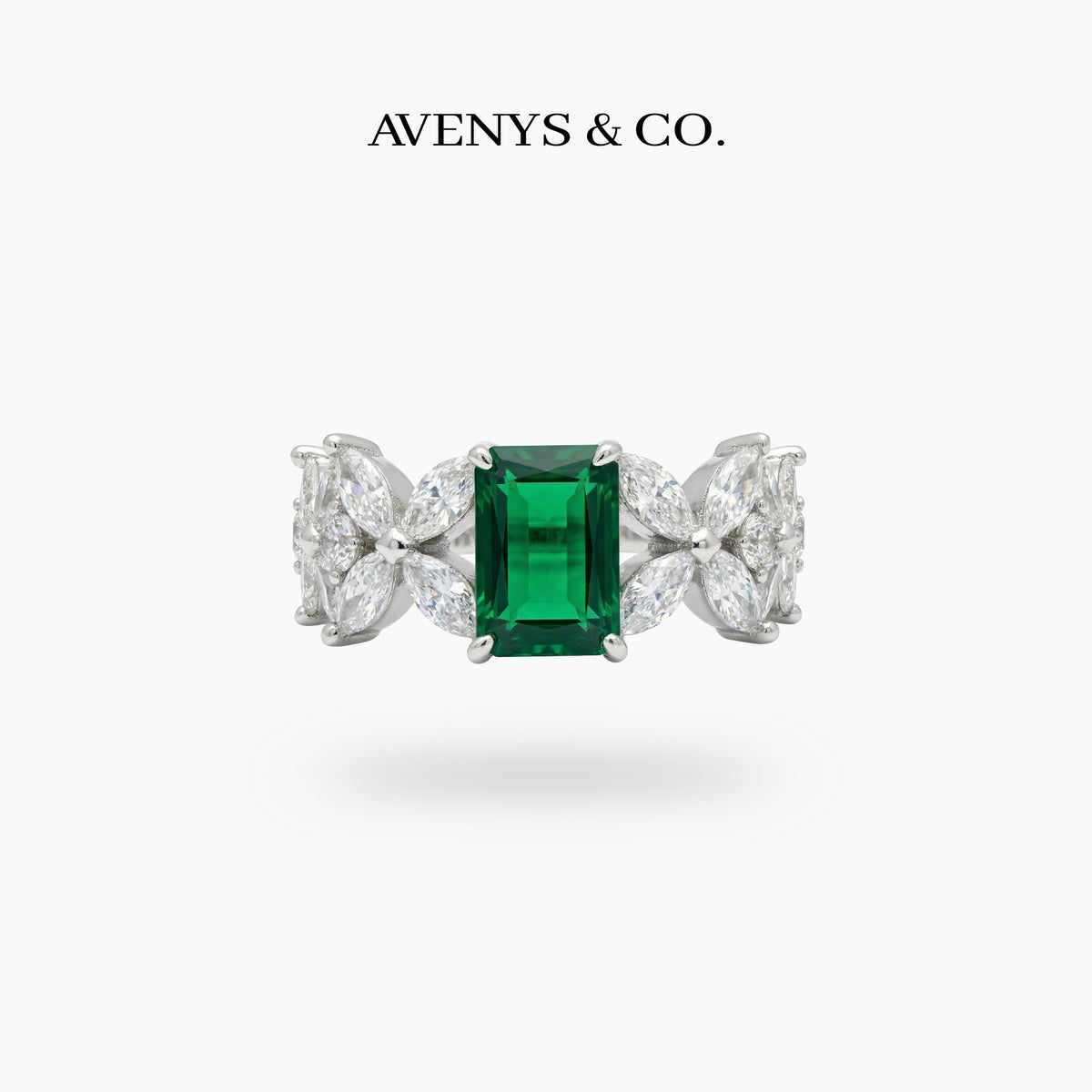 Emerald Marquis Ring with Green Emerald Stone – on White Gold