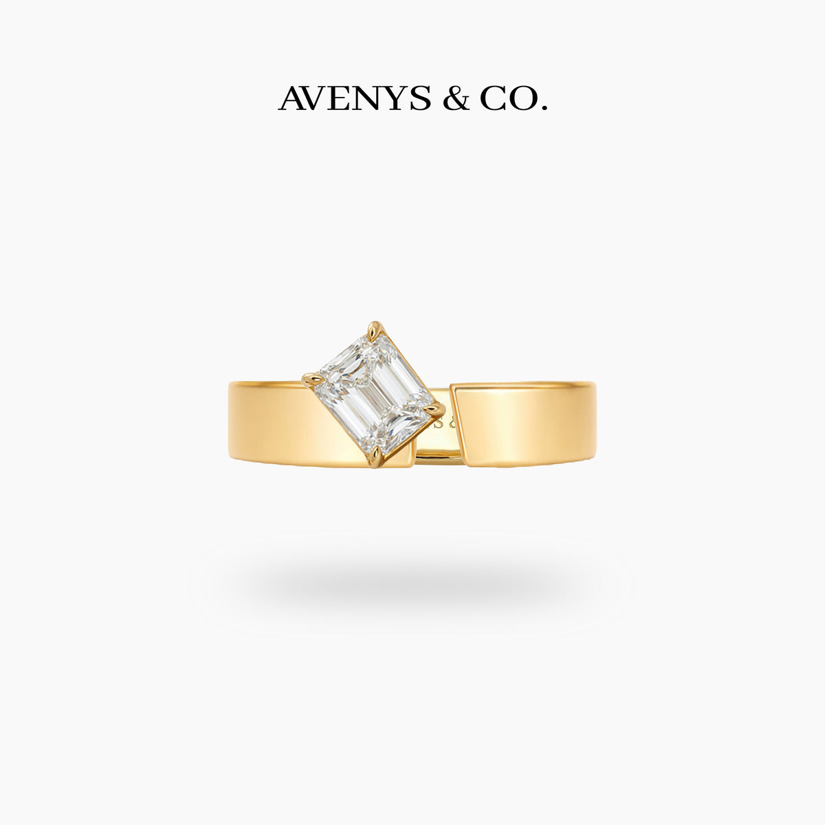 Tilt Cuff Solitaire Ring with White Emerald Stone – on Yellow Gold