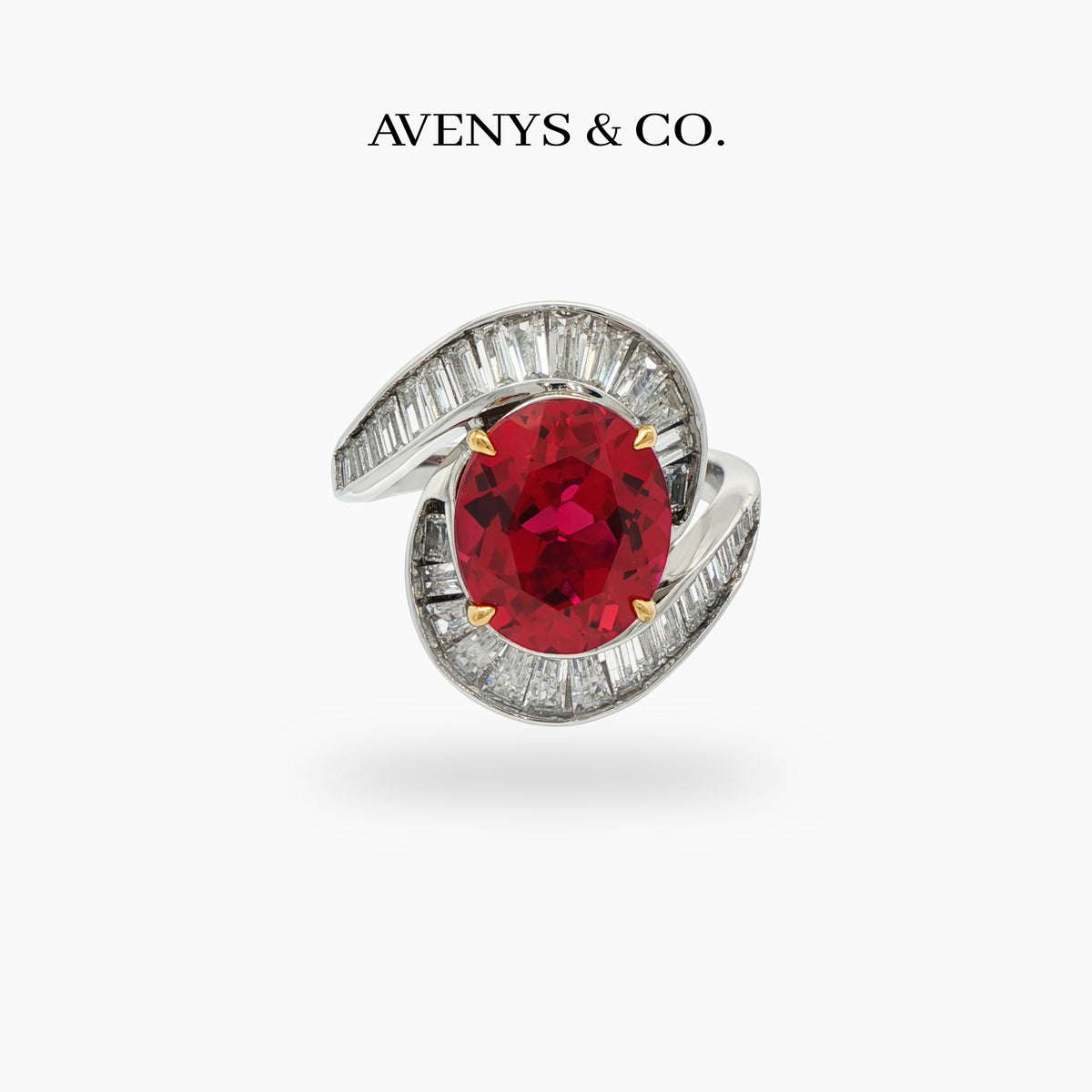 Eclipse Ring with Avenys Created Pigeon Blood Oval Ruby – on White Gold