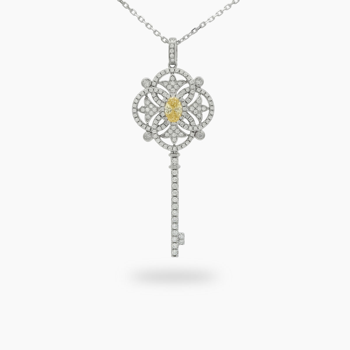 Key Necklace with White Round Stone – on White Gold